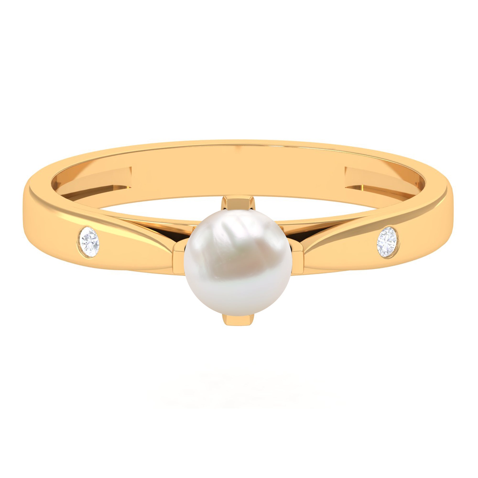 Elegant Bead Set Freshwater Pearl Solitaire Promise Ring with Diamond Freshwater Pearl - ( AAA ) - Quality - Rosec Jewels