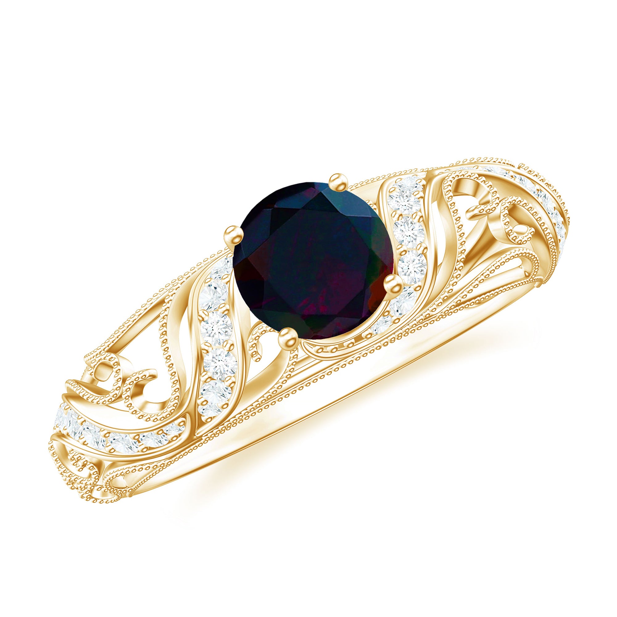 Natural Black Opal Vintage Inspired Engagement Ring Black Opal - ( AAA ) - Quality - Rosec Jewels