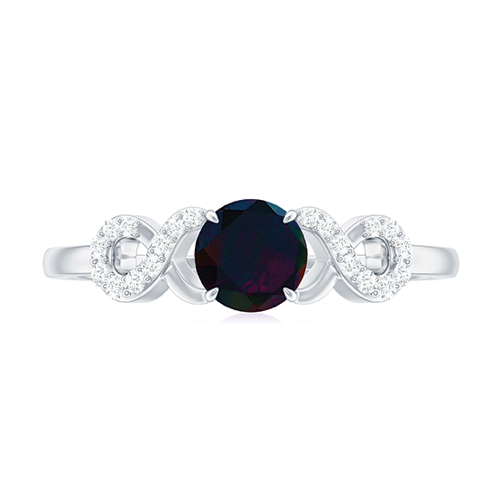 Round Black Opal Criss Cross Promise Ring with Diamond Black Opal - ( AAA ) - Quality - Rosec Jewels