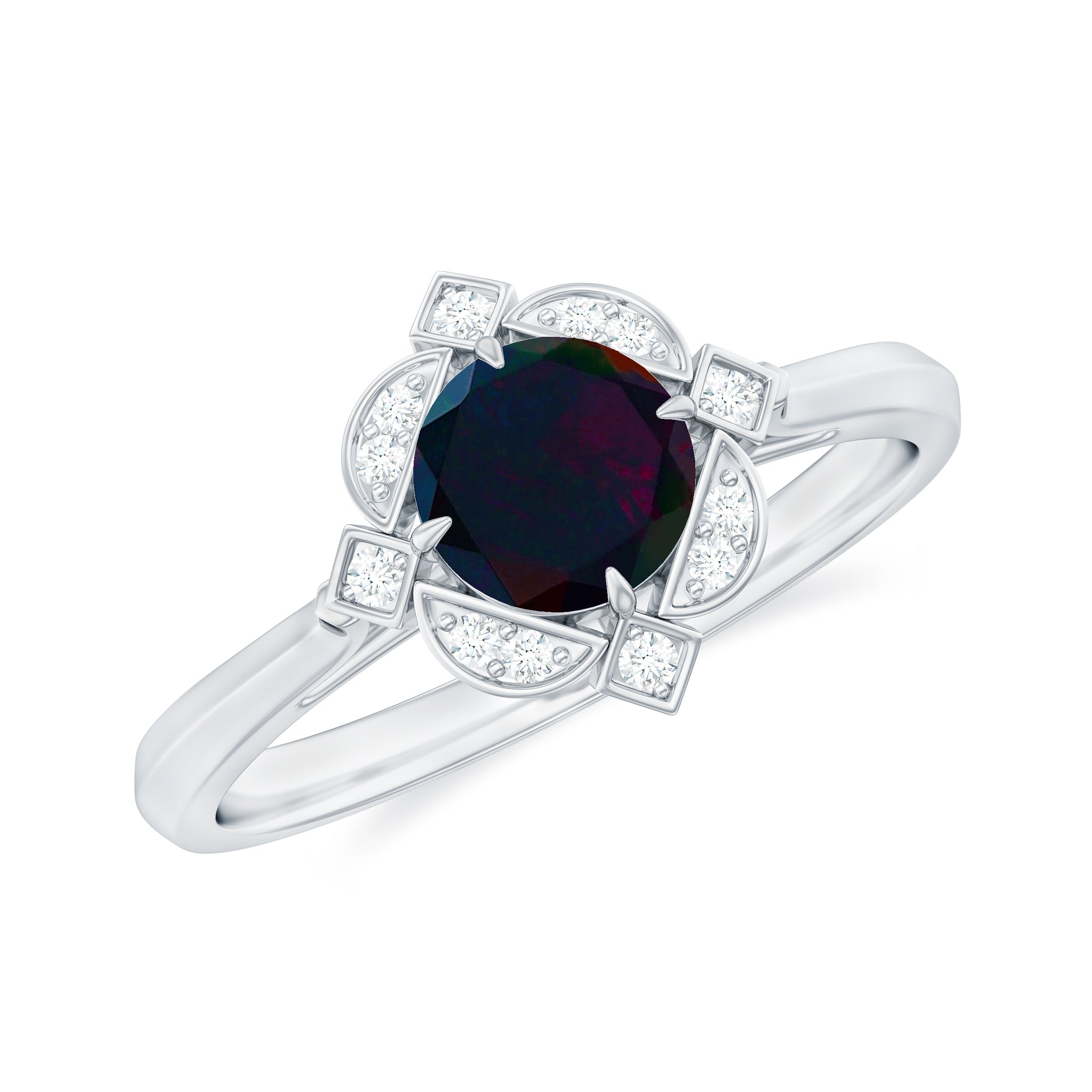 Vintage Inspired Black Opal and Diamond Engagement Ring Black Opal - ( AAA ) - Quality - Rosec Jewels