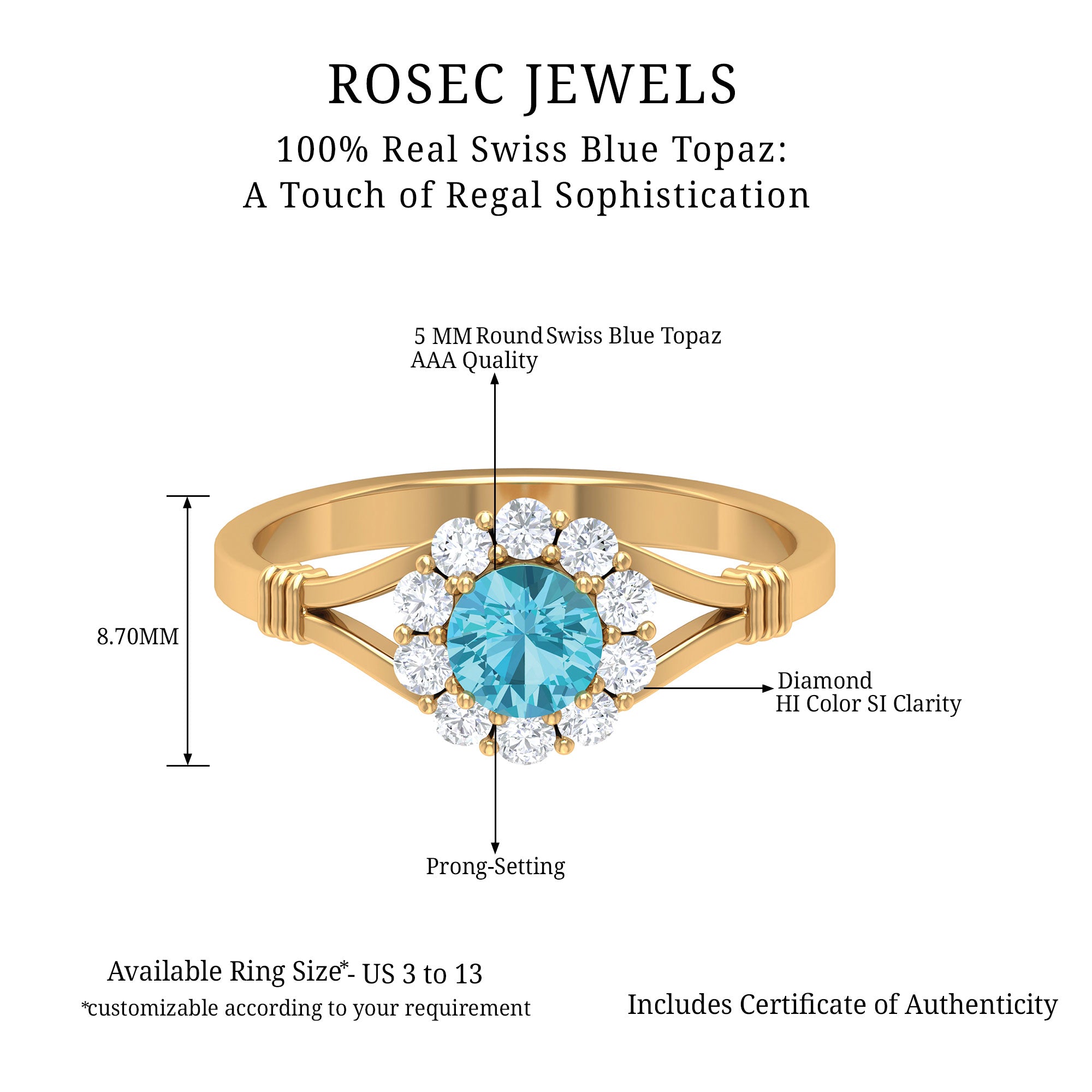 1 CT Swiss Blue Topaz and Diamond Halo Split Shank Ring Swiss Blue Topaz - ( AAA ) - Quality - Rosec Jewels