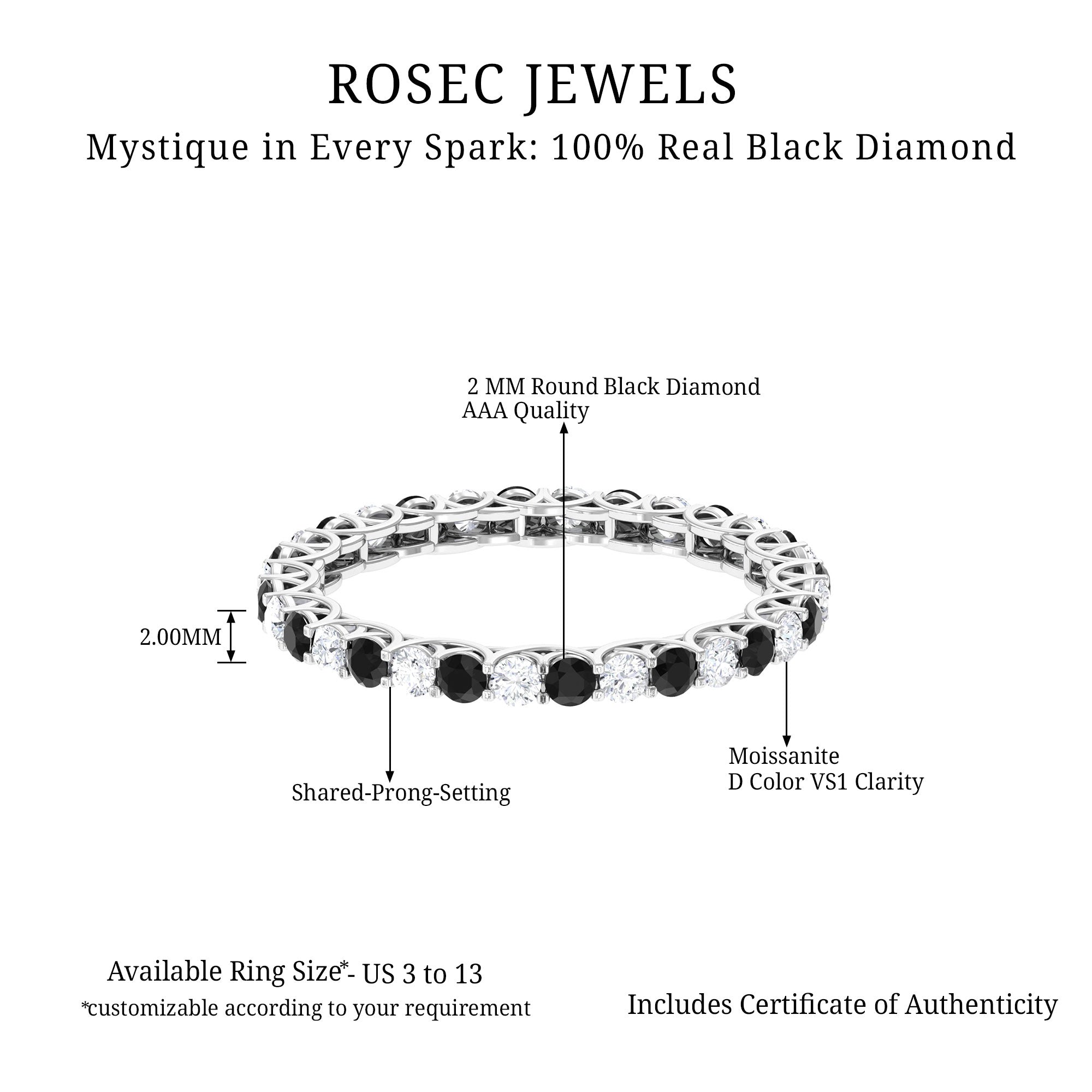 1.75 CT Black Diamond and Moissanite Full Eternity Ring in Trellis Setting Black Diamond - ( AAA ) - Quality - Rosec Jewels