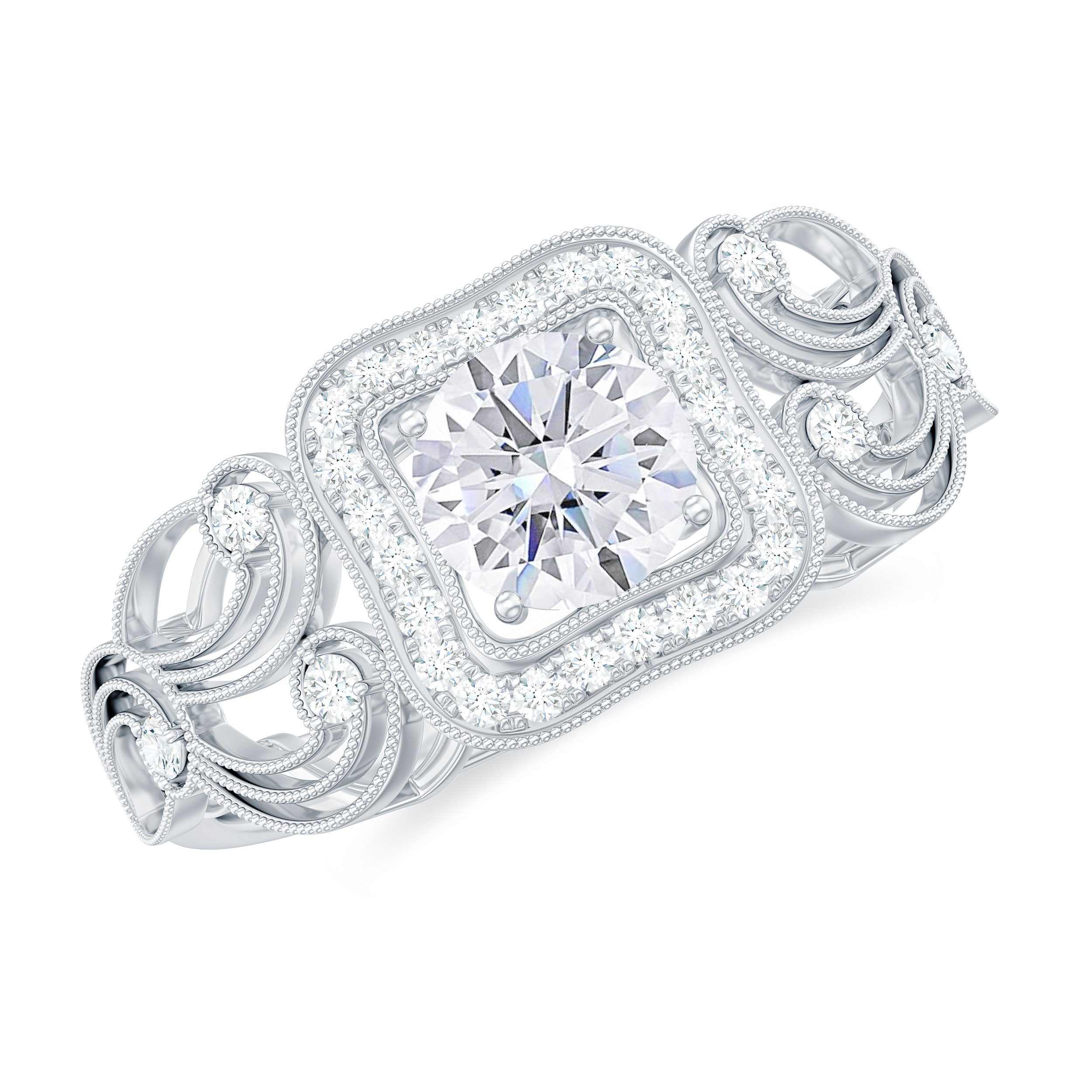 Milgrain Moissanite Art Deco Engagement Ring Moissanite - ( D-VS1 ) - Color and Clarity - Rosec Jewels