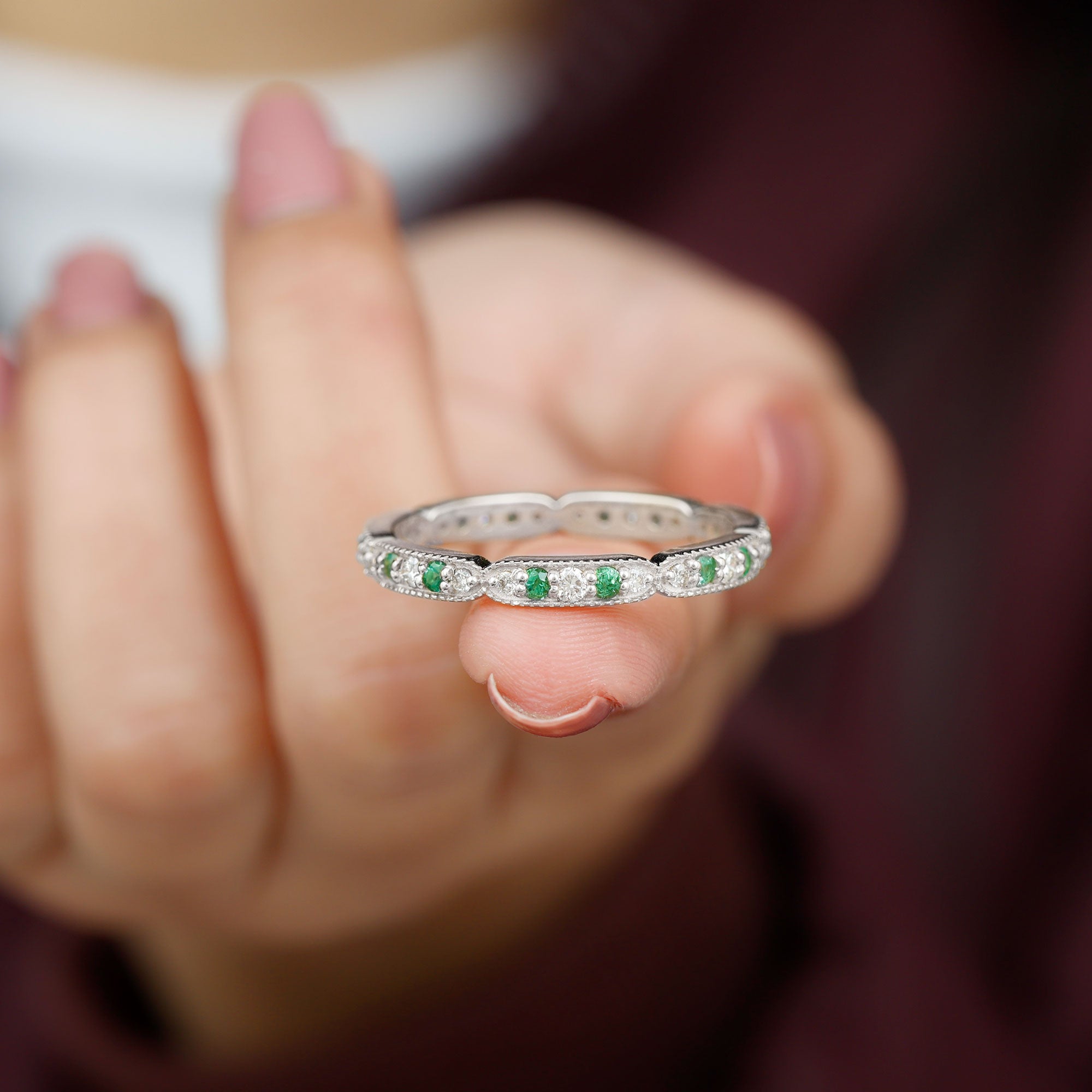 Emerald and Diamond Alternating Eternity Ring Emerald - ( AAA ) - Quality - Rosec Jewels