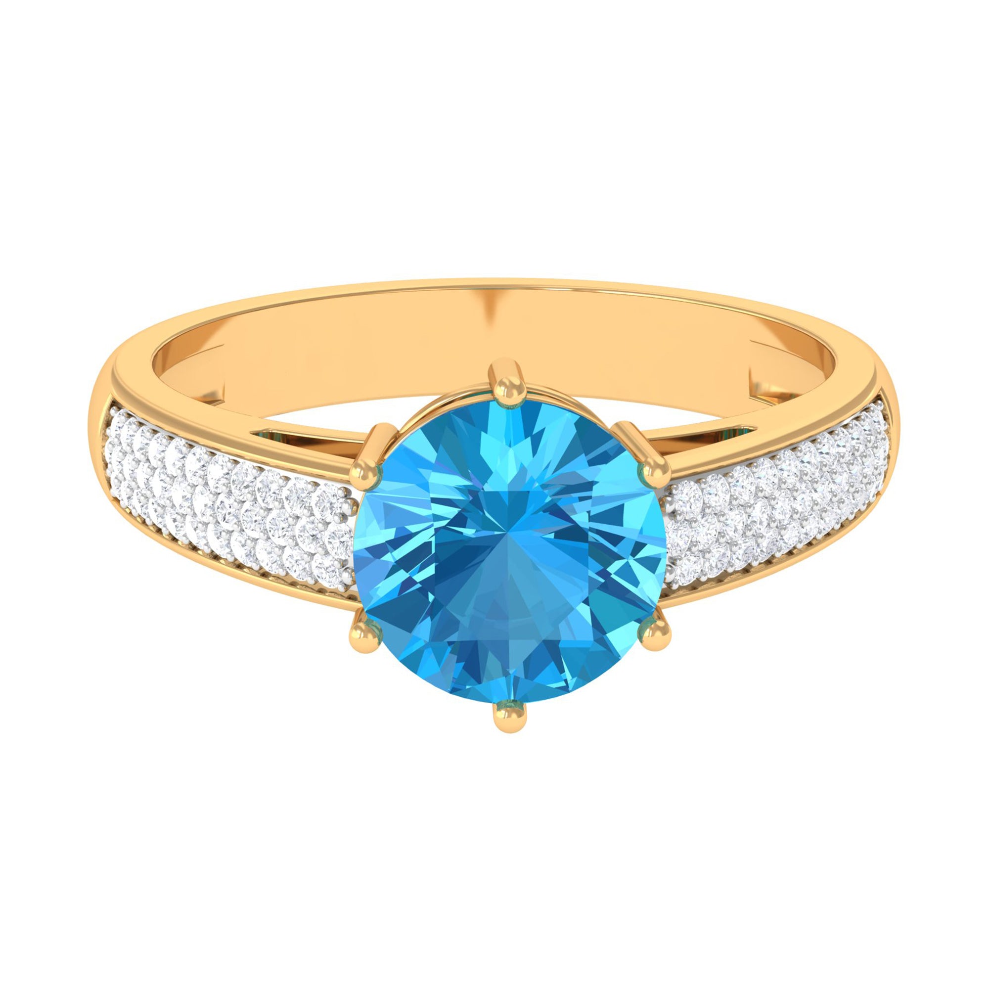 Round Swiss Blue Topaz Solitaire Ring with Diamond Side Stones Swiss Blue Topaz - ( AAA ) - Quality - Rosec Jewels