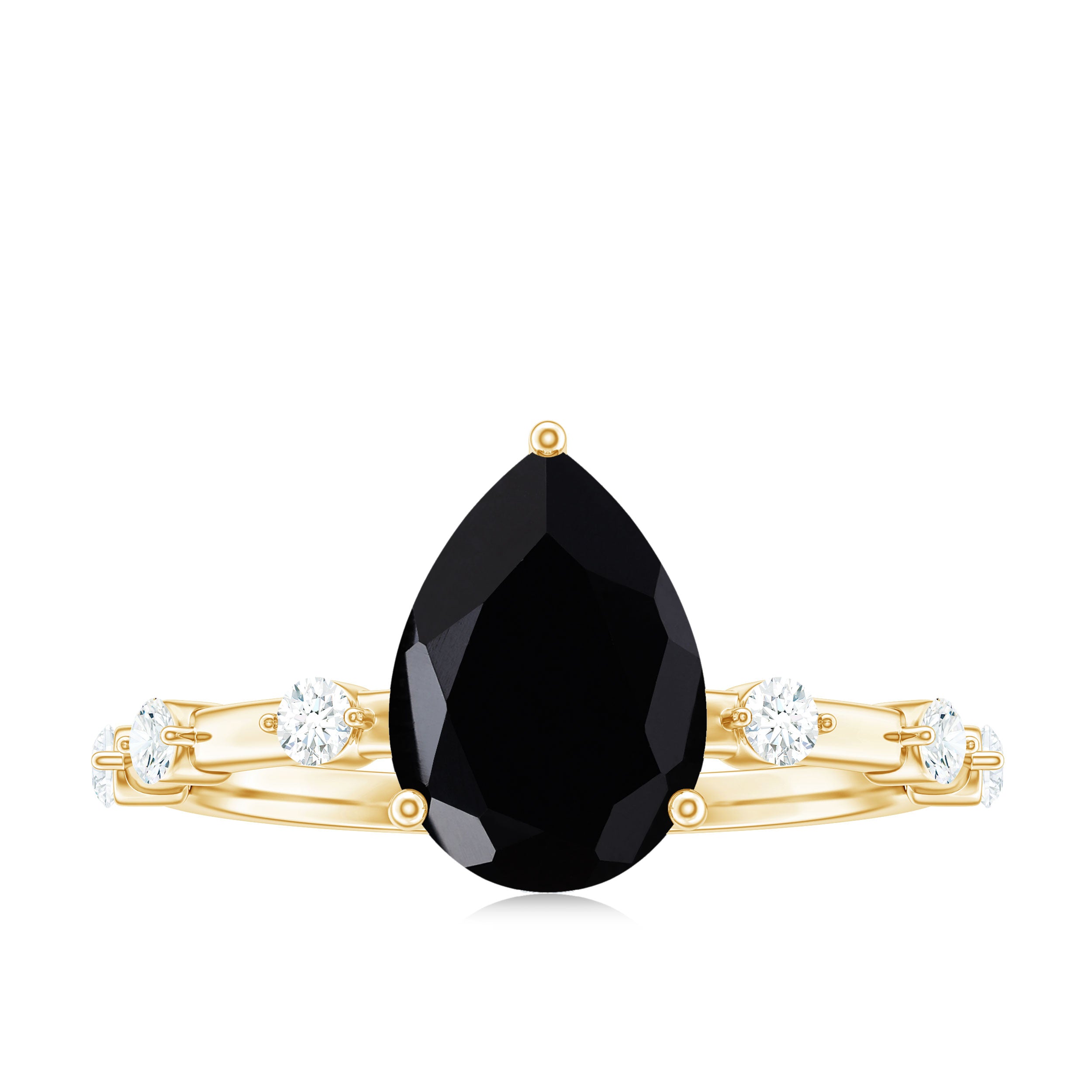 Pear Shape Black Onyx Solitaire Engagement Ring with Diamond Black Onyx - ( AAA ) - Quality - Rosec Jewels