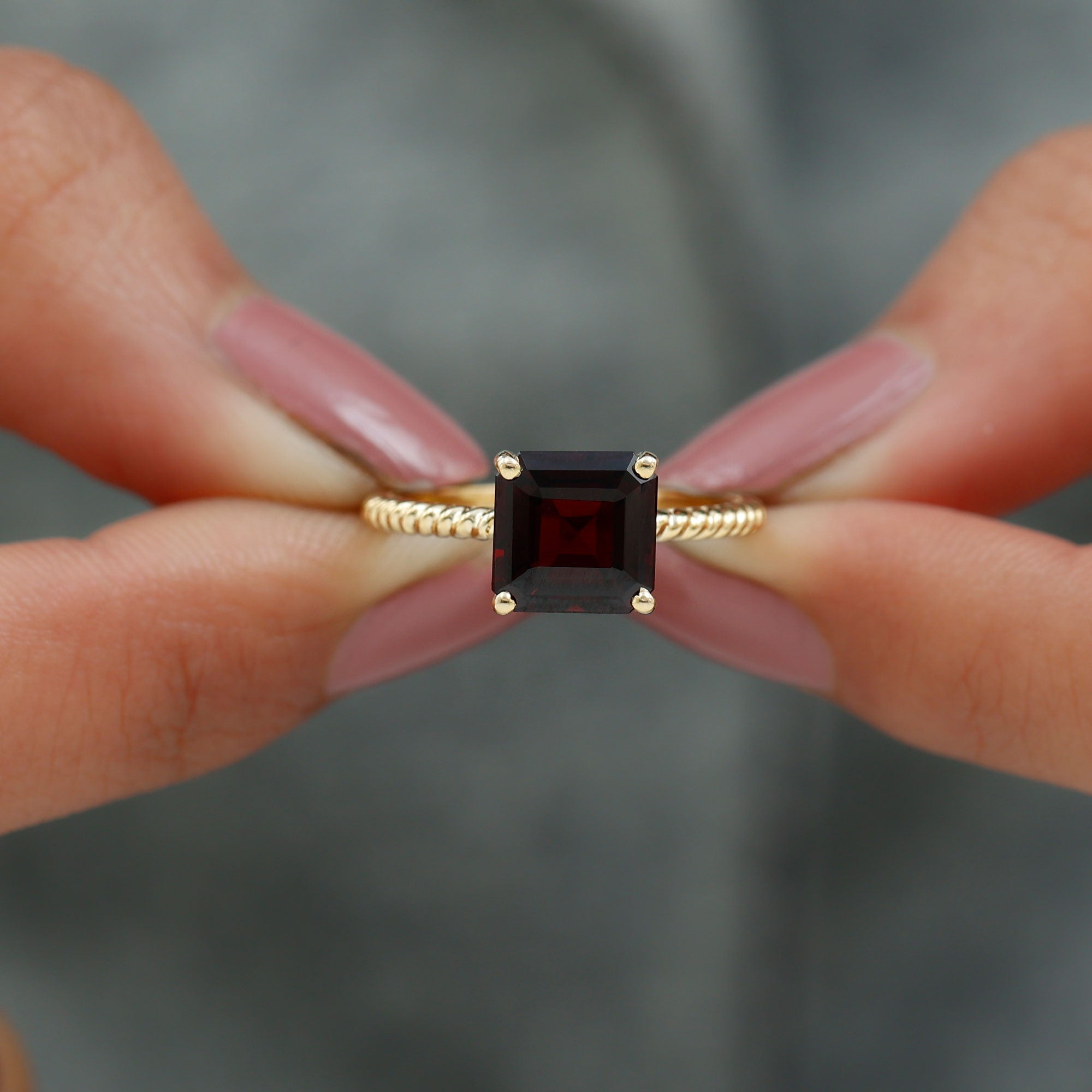 8 MM Asscher Cut Garnet Solitaire Ring with Twisted Rope Garnet - ( AAA ) - Quality - Rosec Jewels