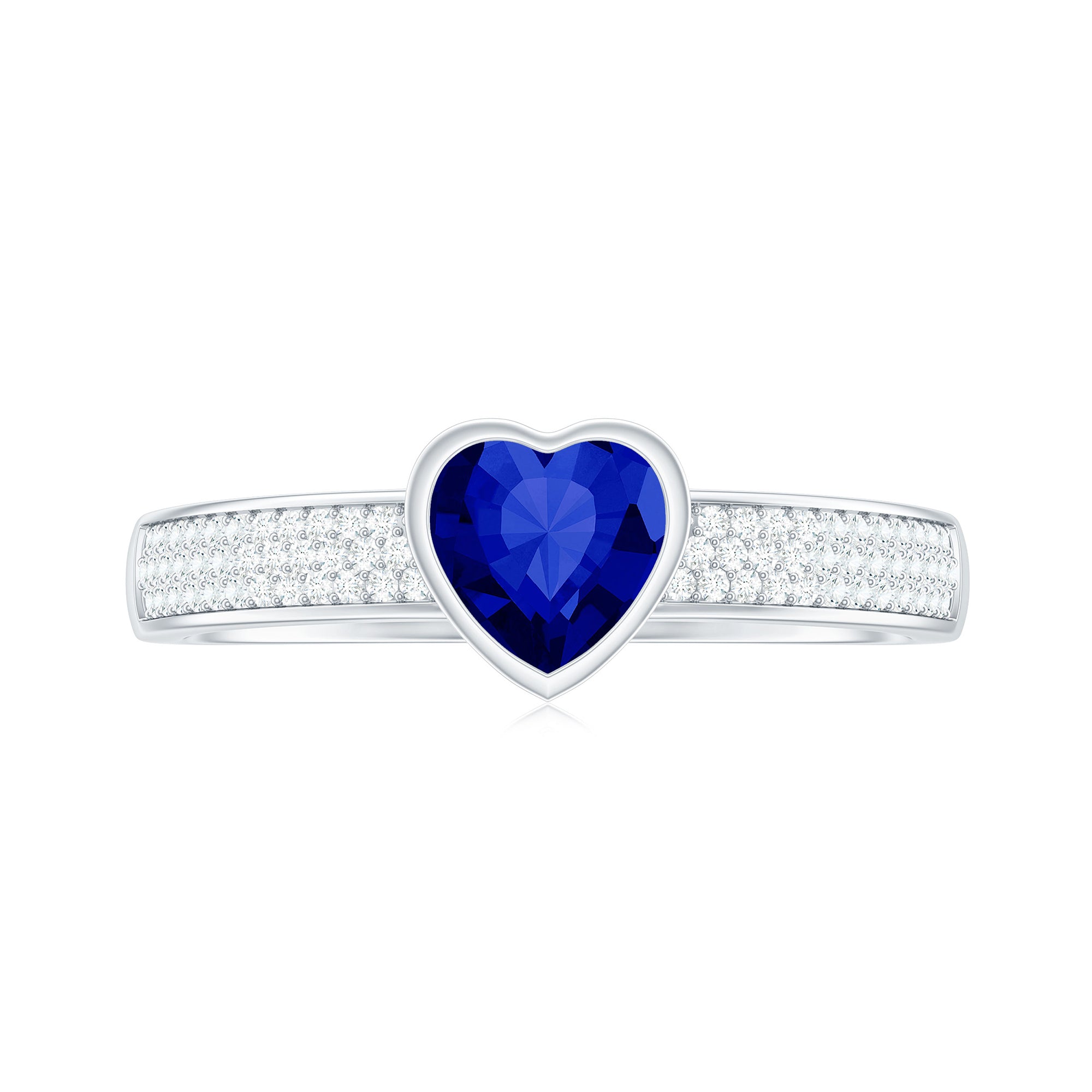 Heart Shape Created Blue Sapphire Solitaire Ring with Diamond Side Stone Lab Created Blue Sapphire - ( AAAA ) - Quality - Rosec Jewels