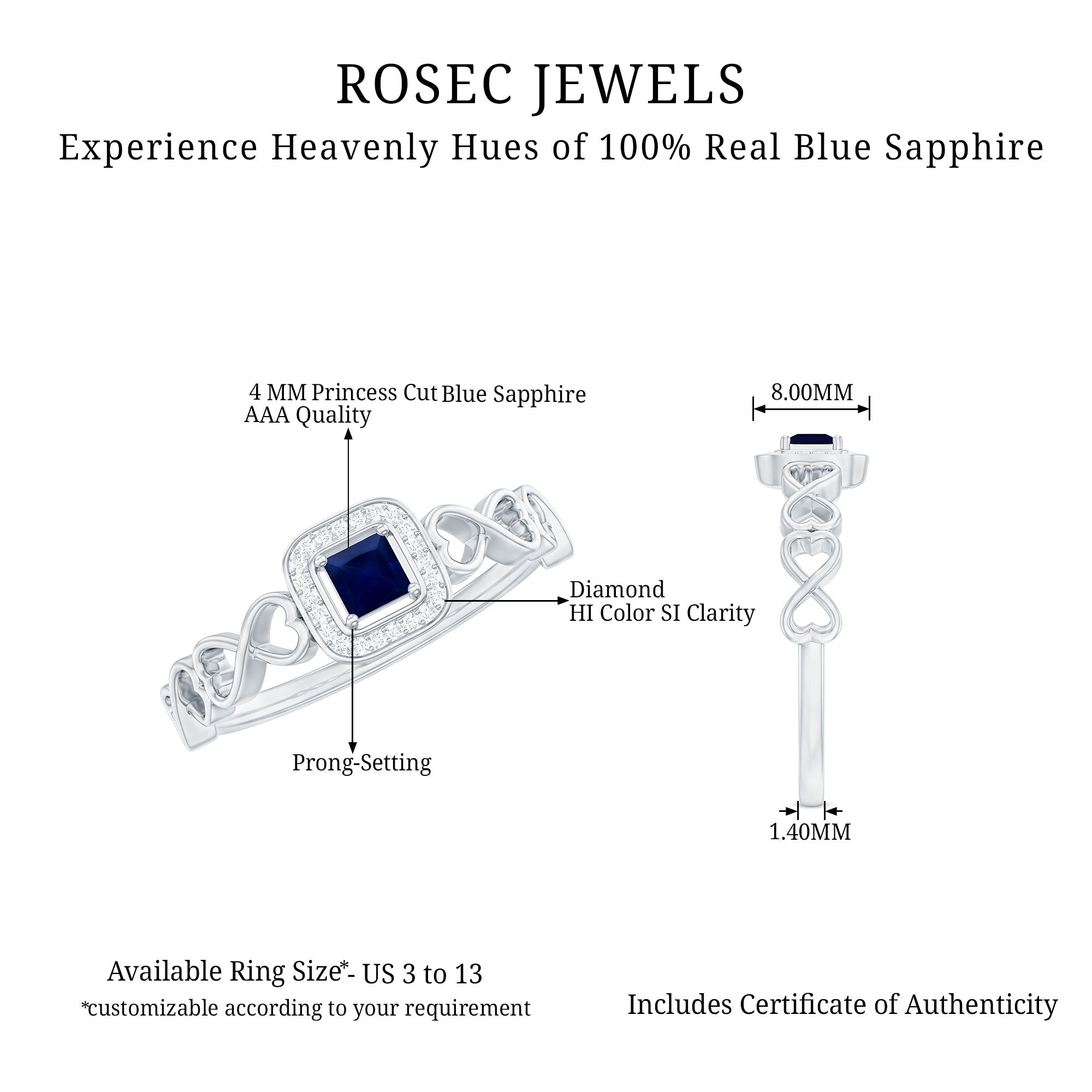 1/4 CT Infinity Heart Blue Sapphire Diamond Engagement Ring Blue Sapphire - ( AAA ) - Quality - Rosec Jewels