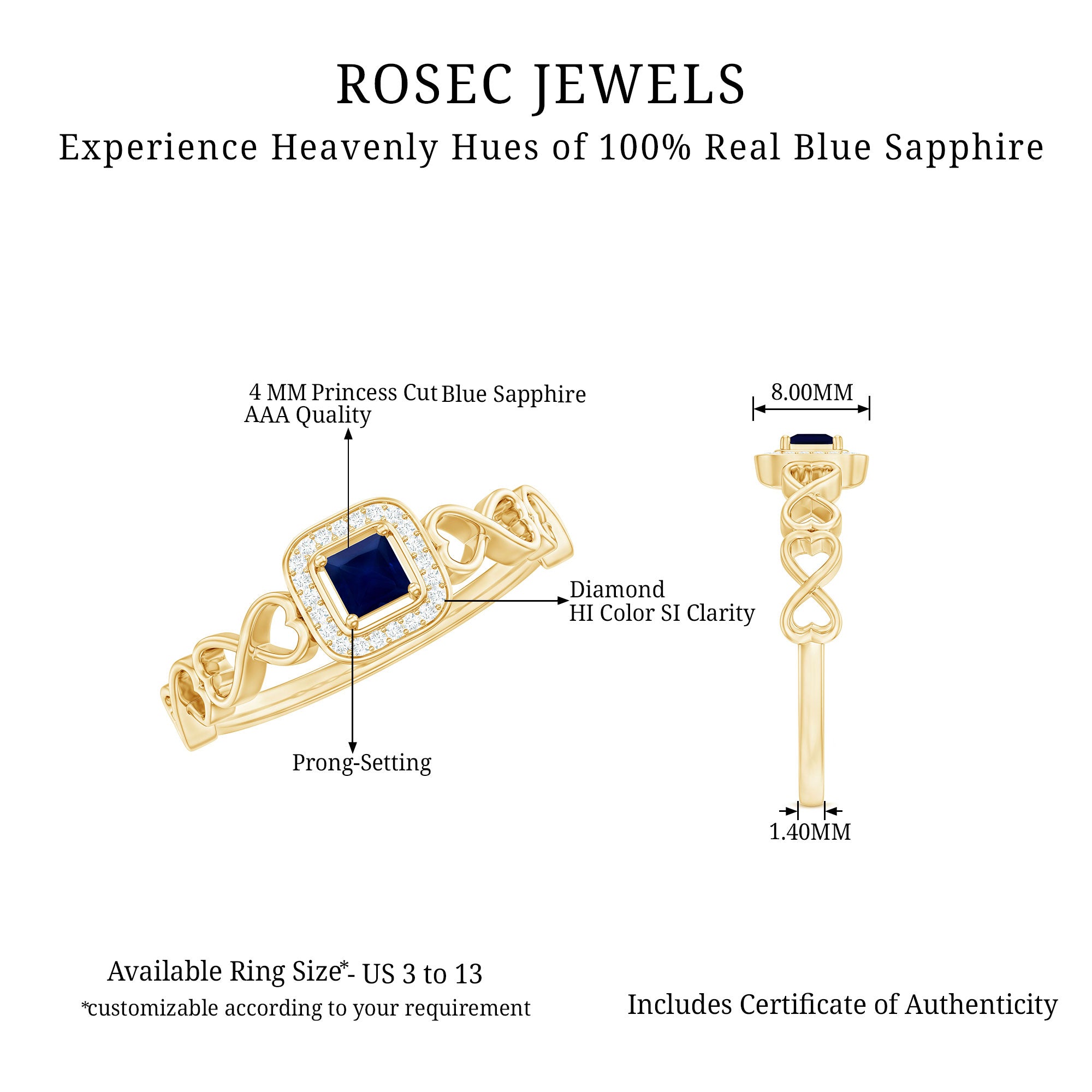 1/4 CT Infinity Heart Blue Sapphire Diamond Engagement Ring Blue Sapphire - ( AAA ) - Quality - Rosec Jewels