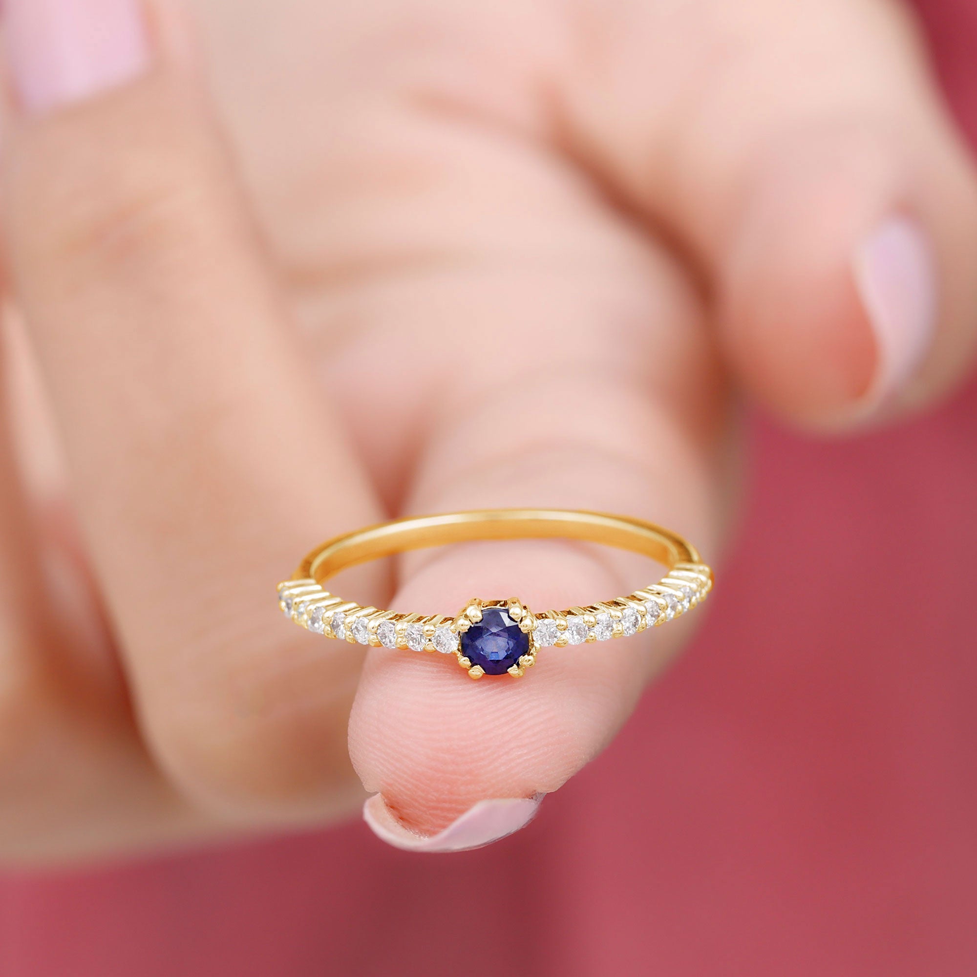 Round Blue Sapphire Dainty Promise Ring with Diamond Blue Sapphire - ( AAA ) - Quality - Rosec Jewels