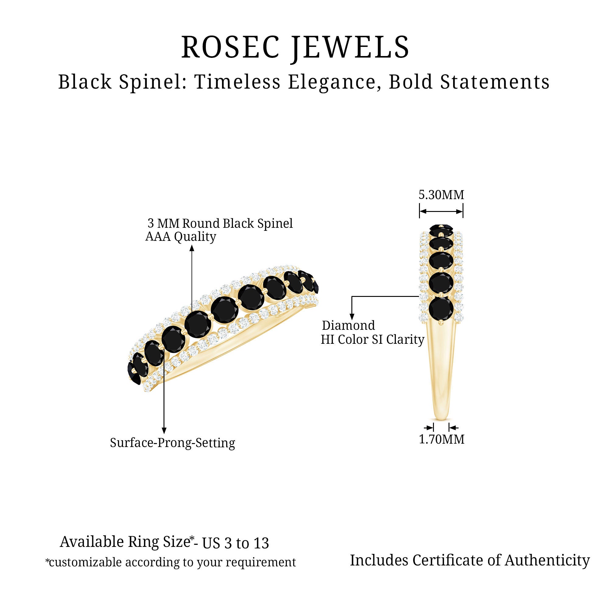 1.75 CT Round Shape Black Spinel and Diamond Classic Band Black Spinel - ( AAA ) - Quality - Rosec Jewels