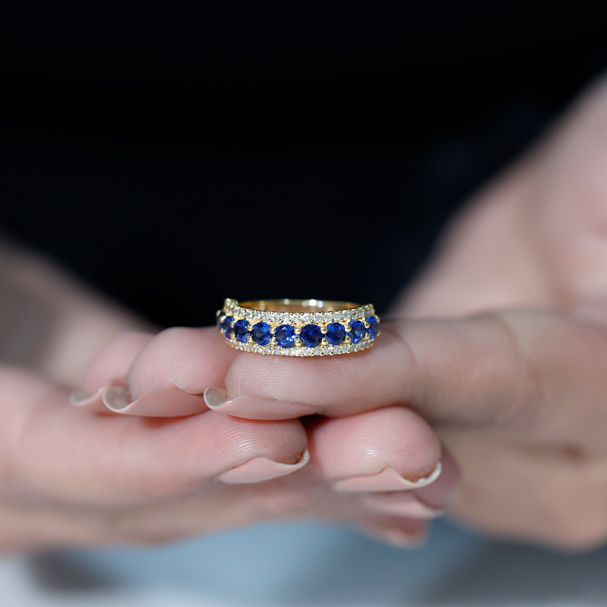 Minimal Created Blue Sapphire and Diamond Anniversary Band Ring Lab Created Blue Sapphire - ( AAAA ) - Quality - Rosec Jewels