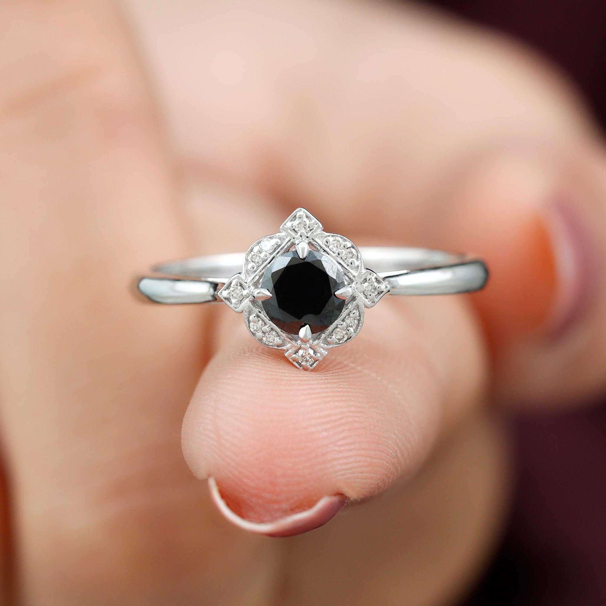 1 CT Vintage Created Black Diamond Engagement Ring Lab Created Black Diamond - ( AAAA ) - Quality - Rosec Jewels