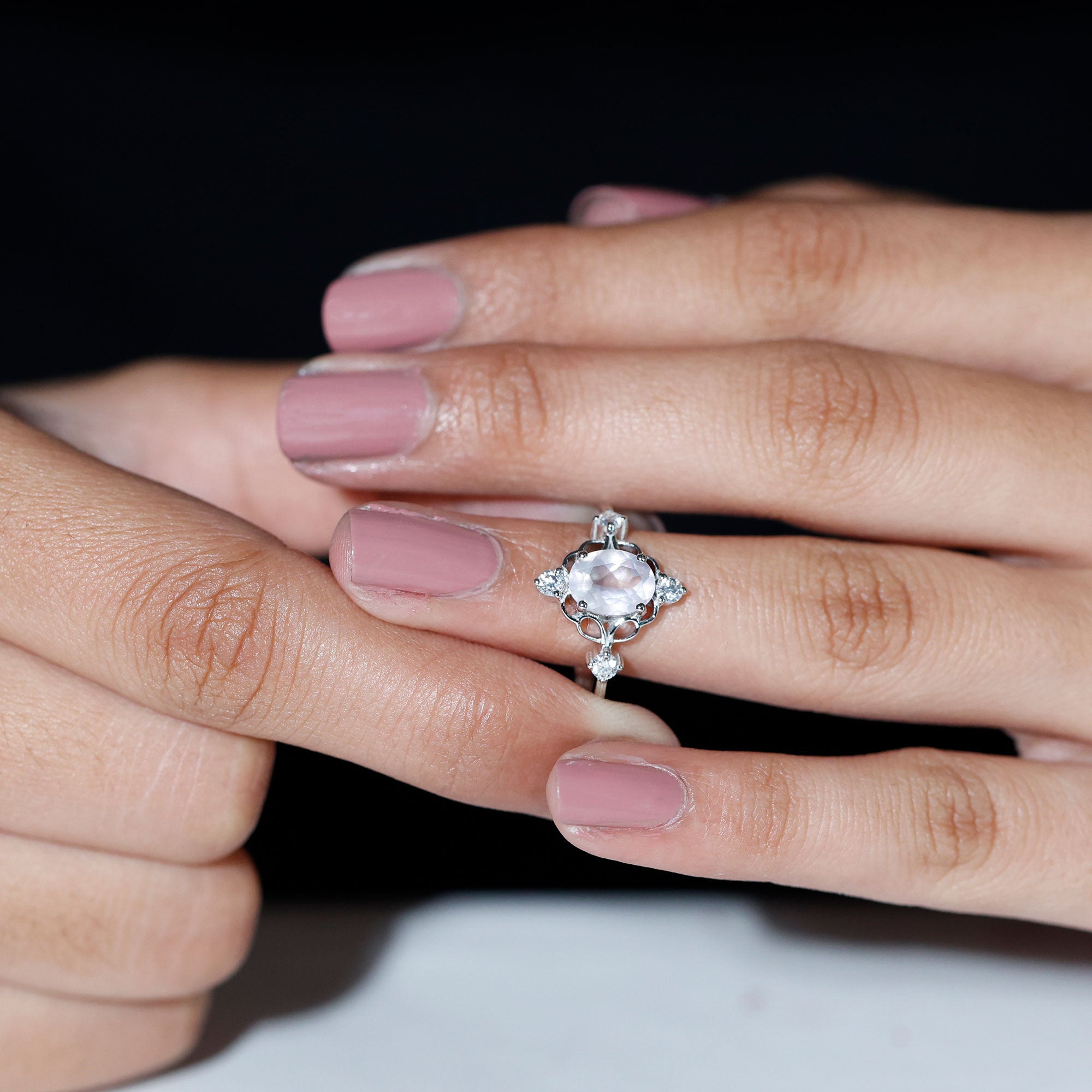 1.25 CT Oval Shape Rose Quartz and Diamond Cocktail Ring Rose Quartz - ( AAA ) - Quality - Rosec Jewels