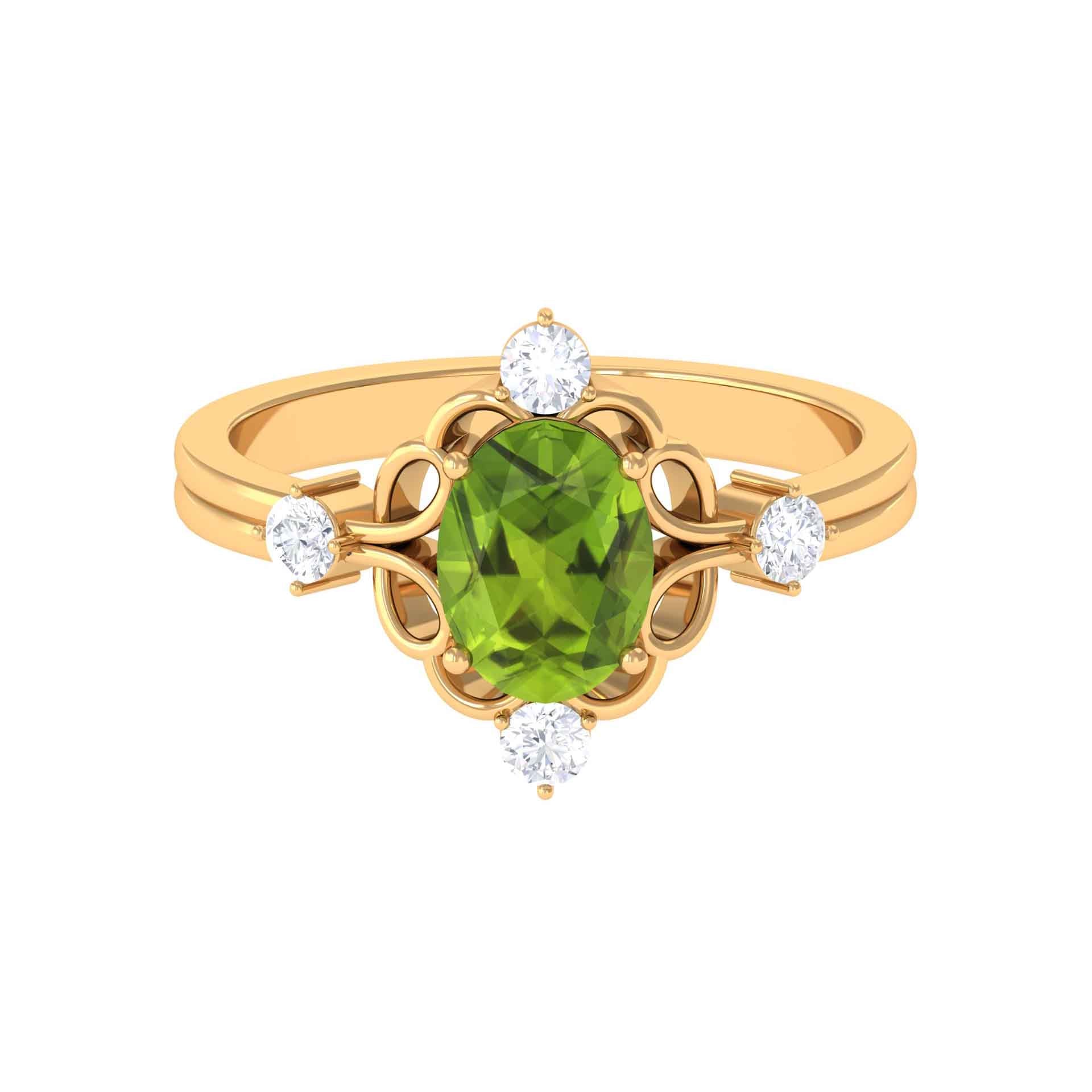 Oval Peridot Cocktail Ring with Diamond Peridot - ( AAA ) - Quality - Rosec Jewels