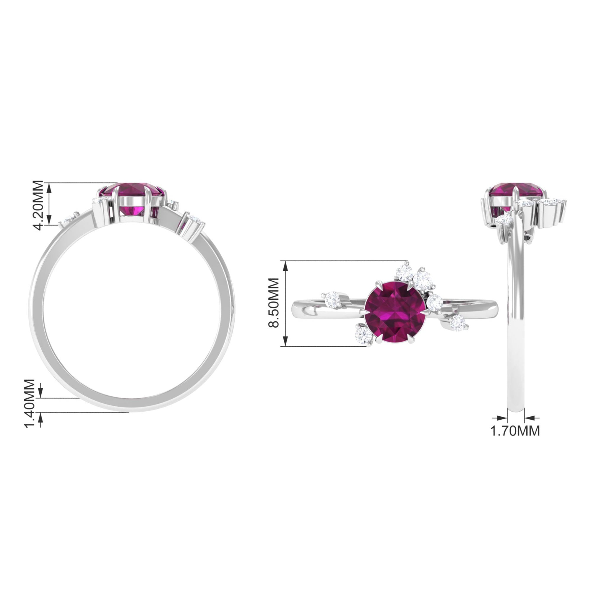 Claw Set Round Shape Rhodolite Solitaire Promise Ring with Scatter Diamond Rhodolite - ( AAA ) - Quality - Rosec Jewels