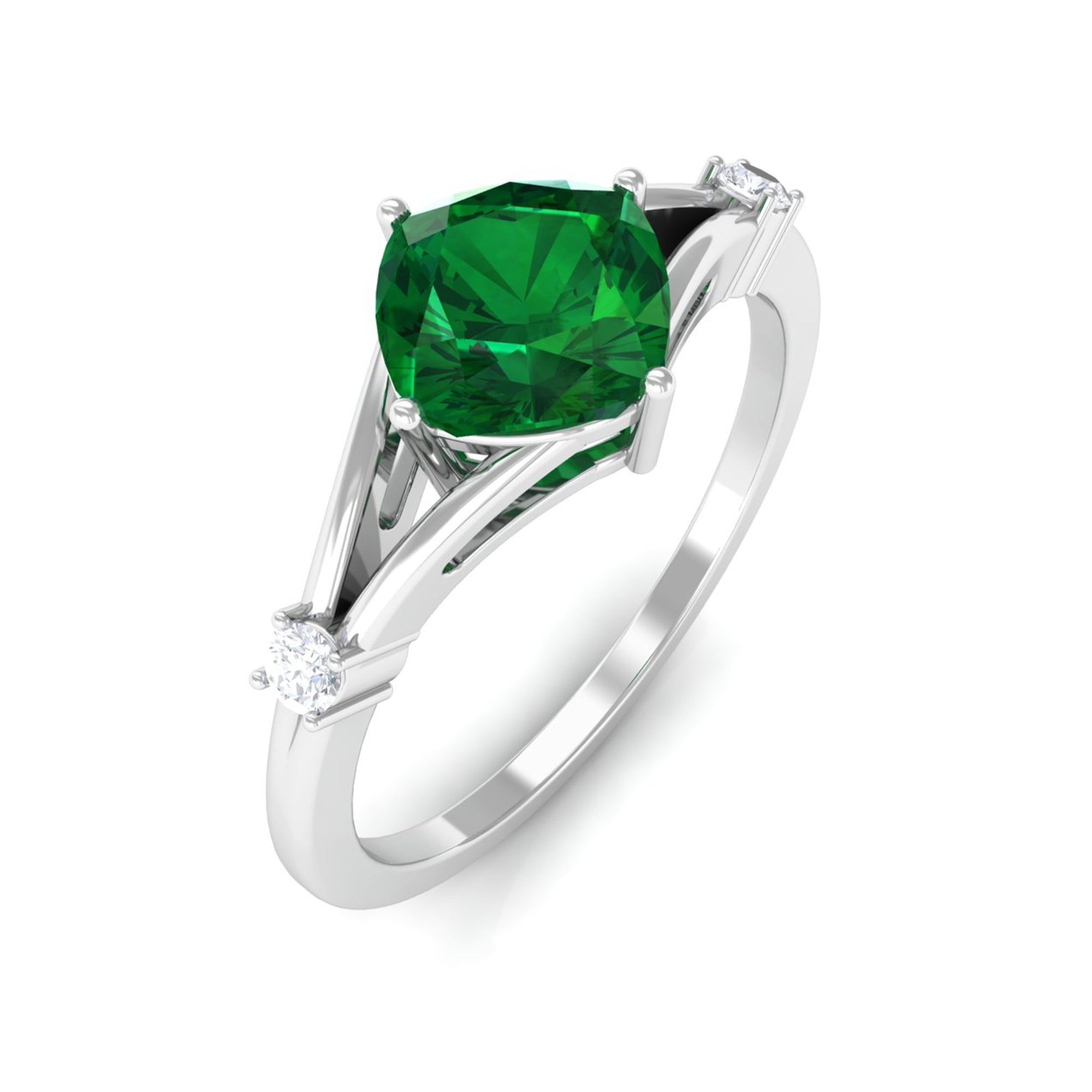 1 CT Cushion Cut Created Emerald Engagement Ring with Diamond in Split Shank Lab Created Emerald - ( AAAA ) - Quality - Rosec Jewels