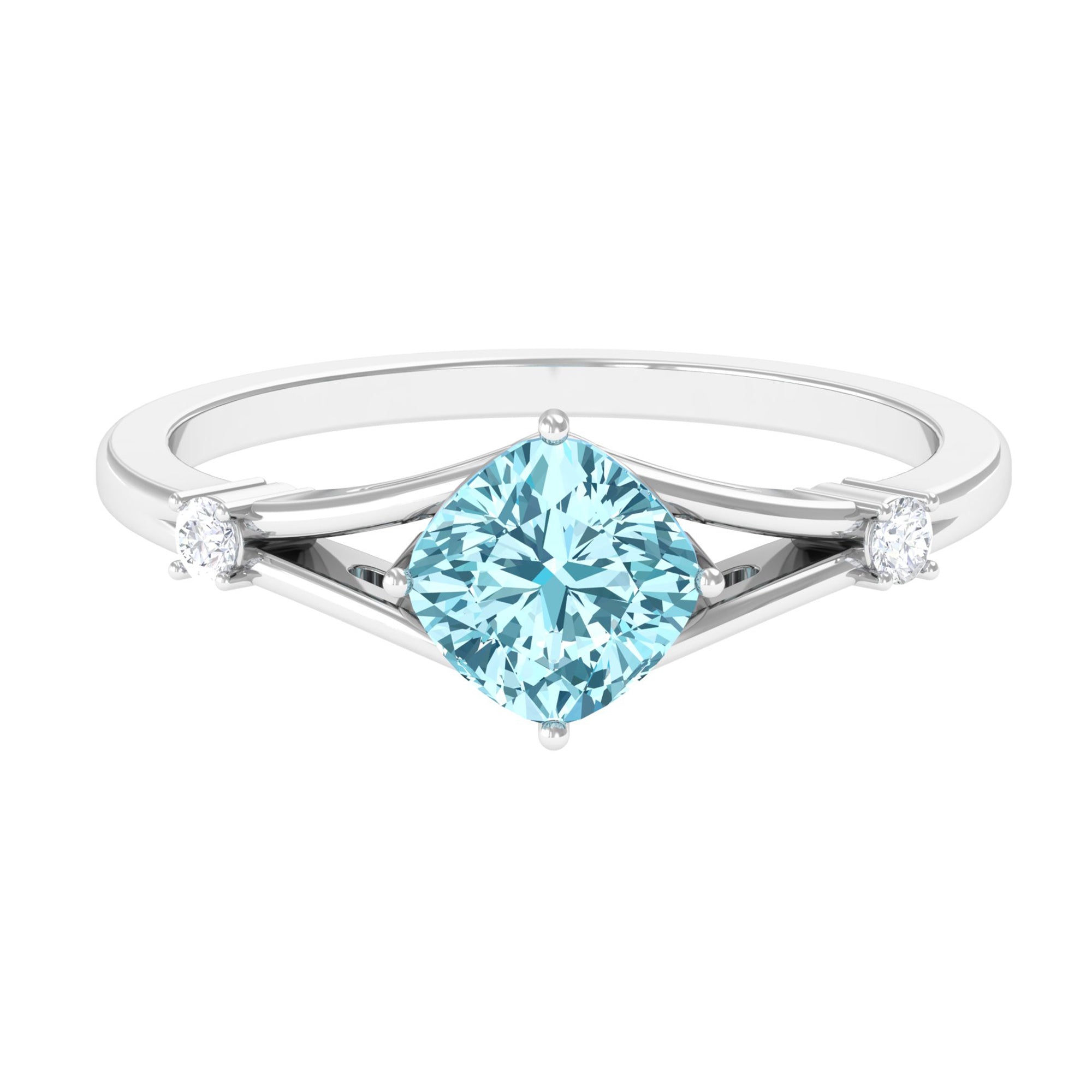 Cushion Cut Aquamarine Solitaire Ring with Diamond in Split Shank Aquamarine - ( AAA ) - Quality - Rosec Jewels