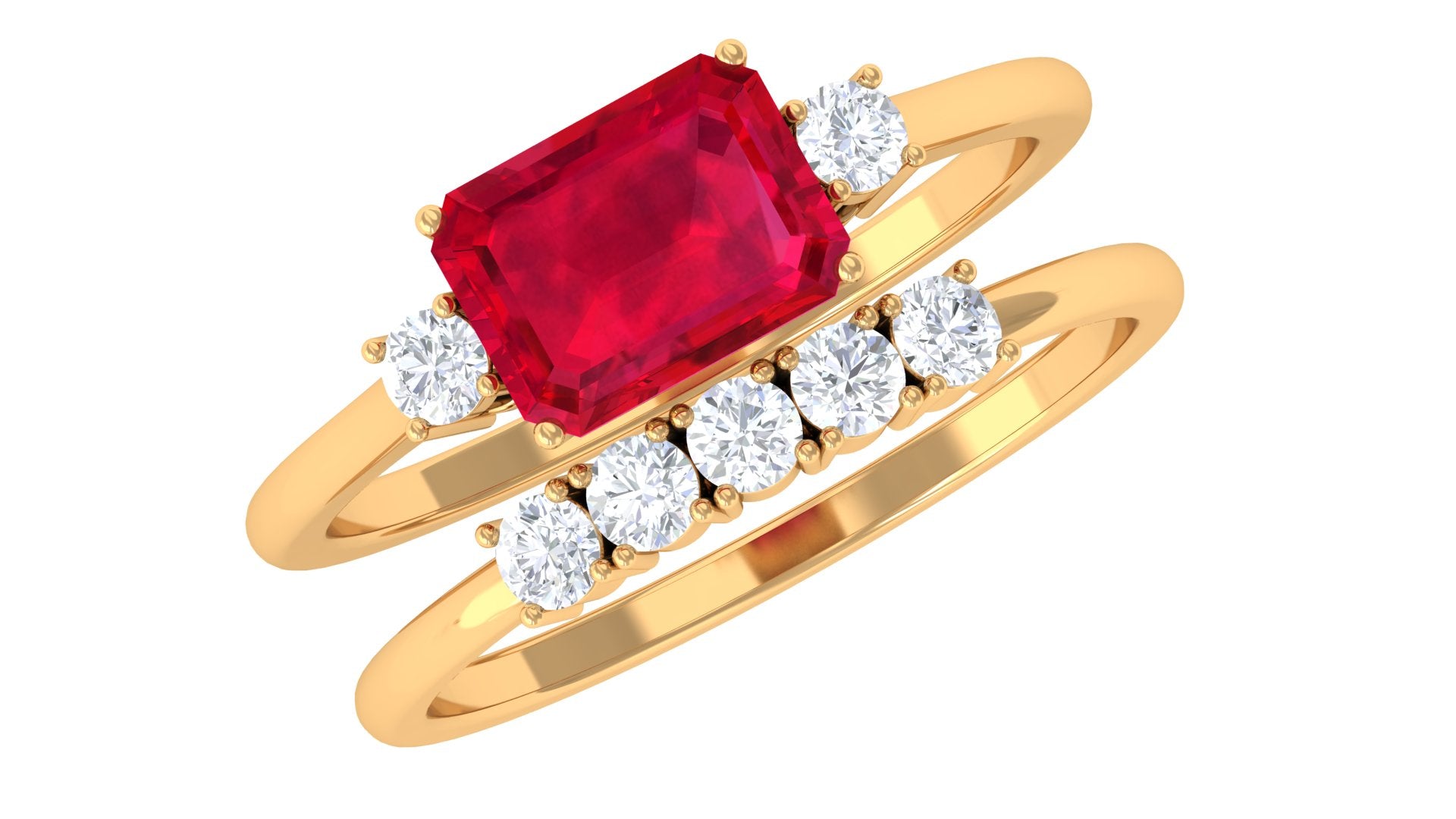 Emerald Cut Created Ruby Contemporary Wedding Ring Set with Diamond Lab Created Ruby - ( AAAA ) - Quality - Rosec Jewels