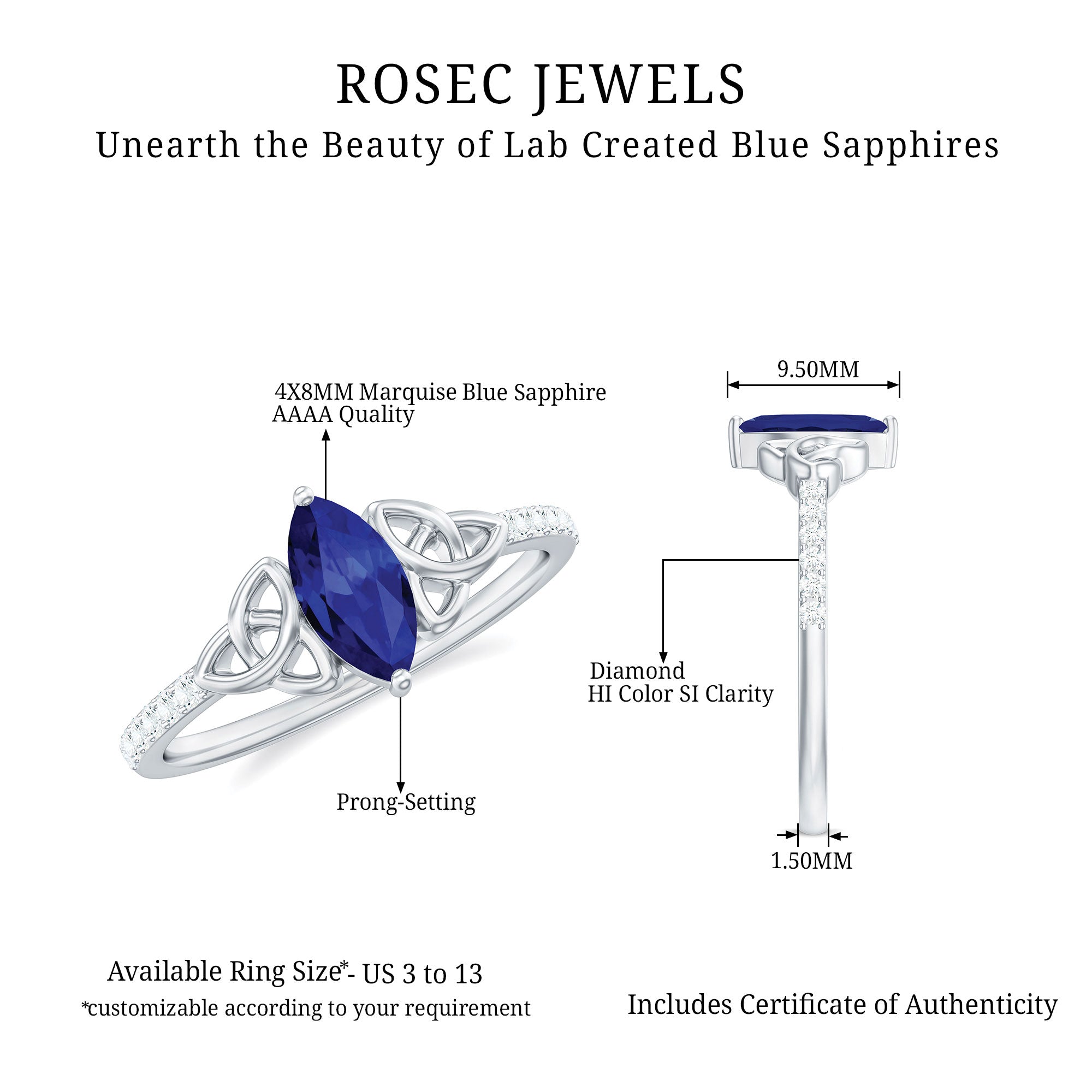 Marquise Cut Solitaire Created Blue Sapphire Celtic Knot Ring with Diamond Lab Created Blue Sapphire - ( AAAA ) - Quality - Rosec Jewels