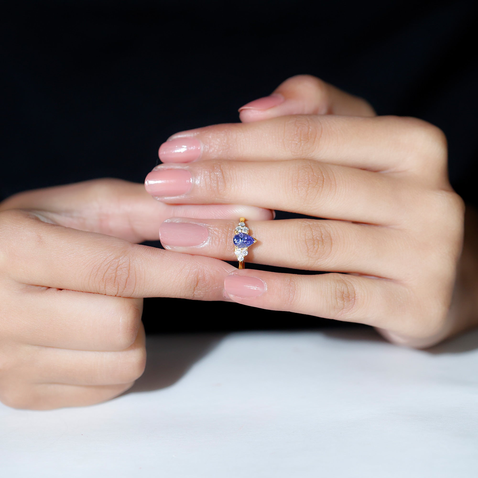 Pear Shaped Tanzanite Solitaire Ring with Diamond Trio Tanzanite - ( AAA ) - Quality - Rosec Jewels