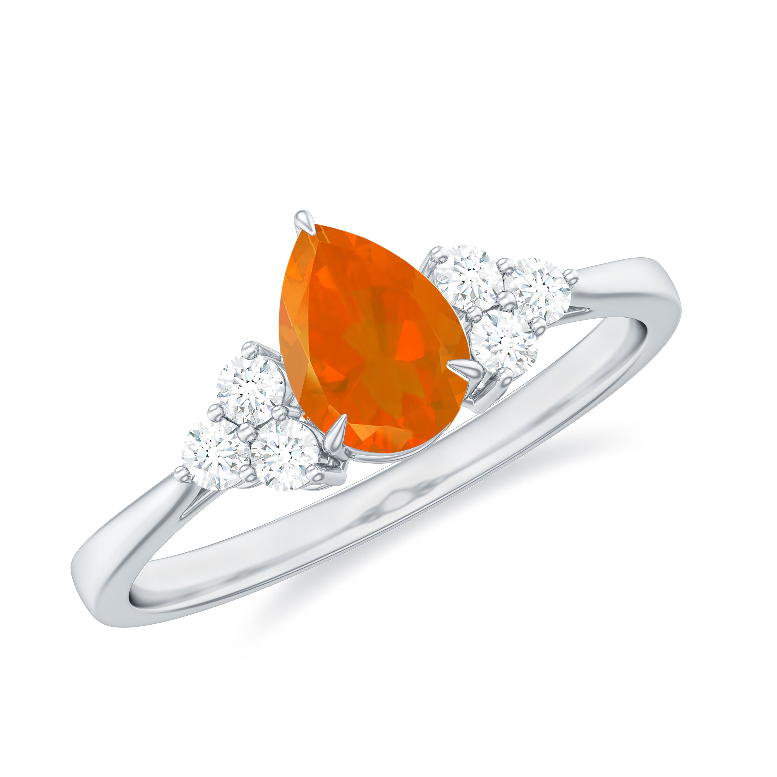 Pear Shaped Fire Opal Solitaire Ring with Diamond Trio Fire Opal - ( AAA ) - Quality - Rosec Jewels