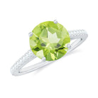 Round Peridot Solitaire Engagement Ring with Diamond Side Stones Peridot - ( AAA ) - Quality - Rosec Jewels