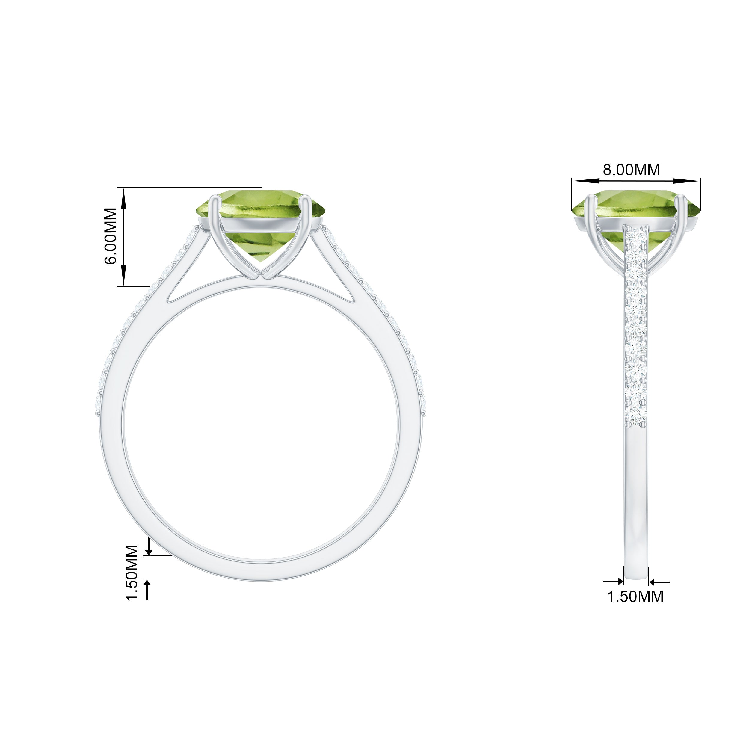 Round Peridot Solitaire Engagement Ring with Diamond Side Stones Peridot - ( AAA ) - Quality - Rosec Jewels