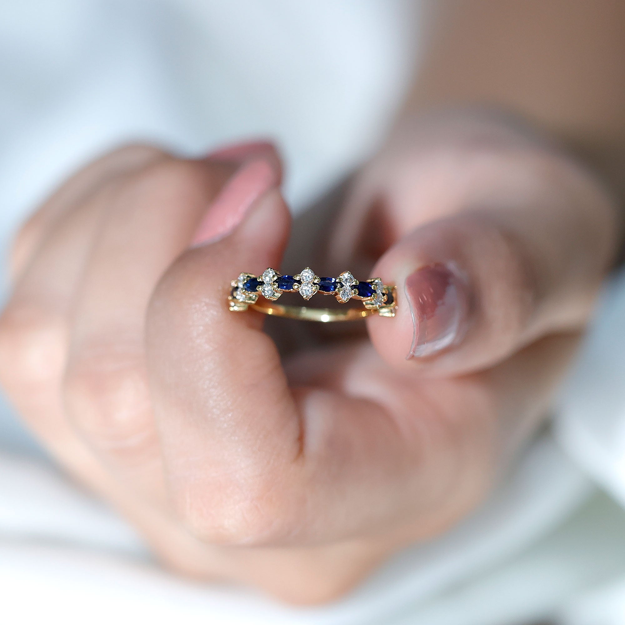 Classic Blue Sapphire and Diamond Half Eternity Ring Blue Sapphire - ( AAA ) - Quality - Rosec Jewels