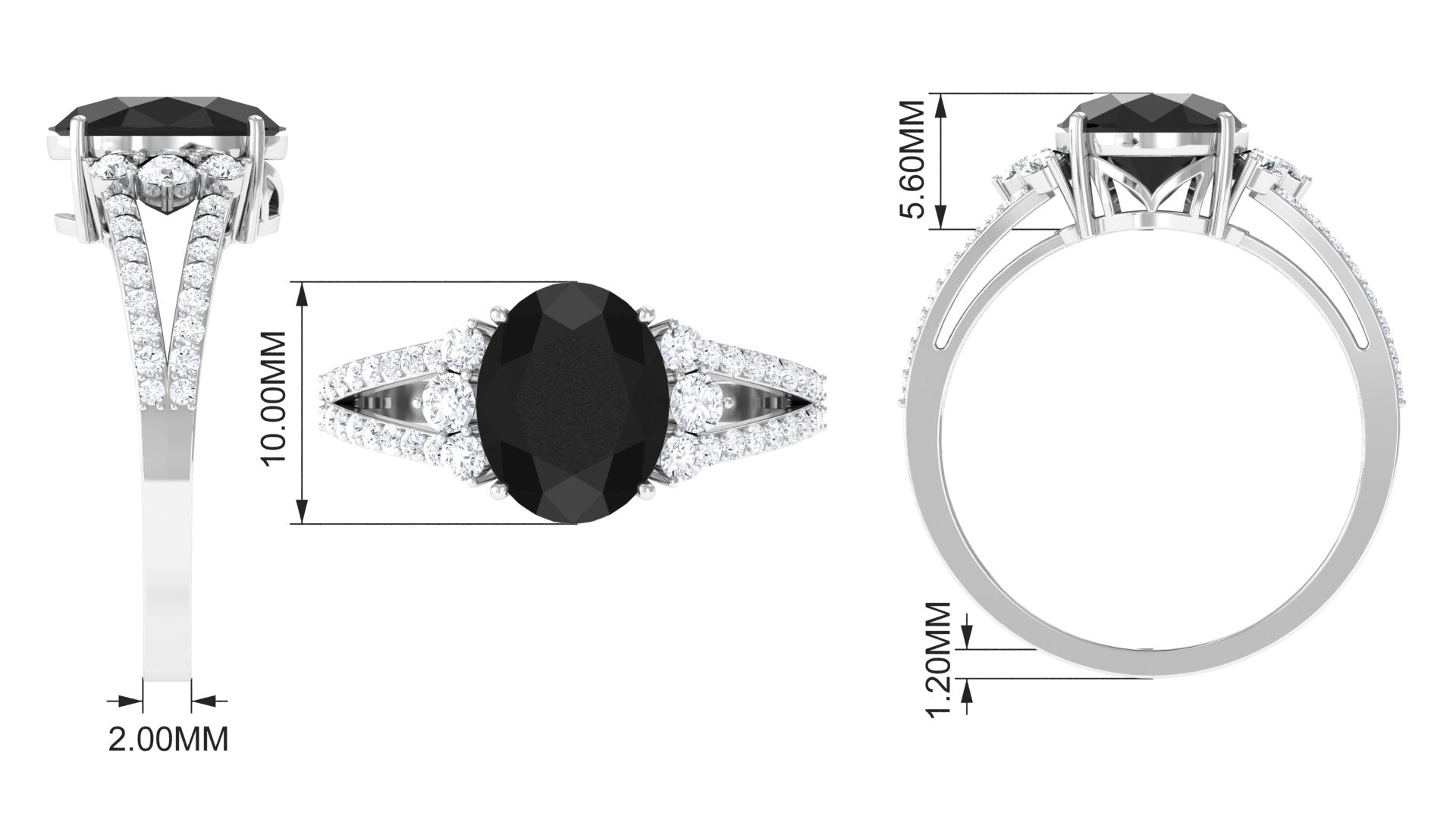 Oval Created Black Diamond Engagement Ring with Diamond Split Shank Lab Created Black Diamond - ( AAAA ) - Quality - Rosec Jewels