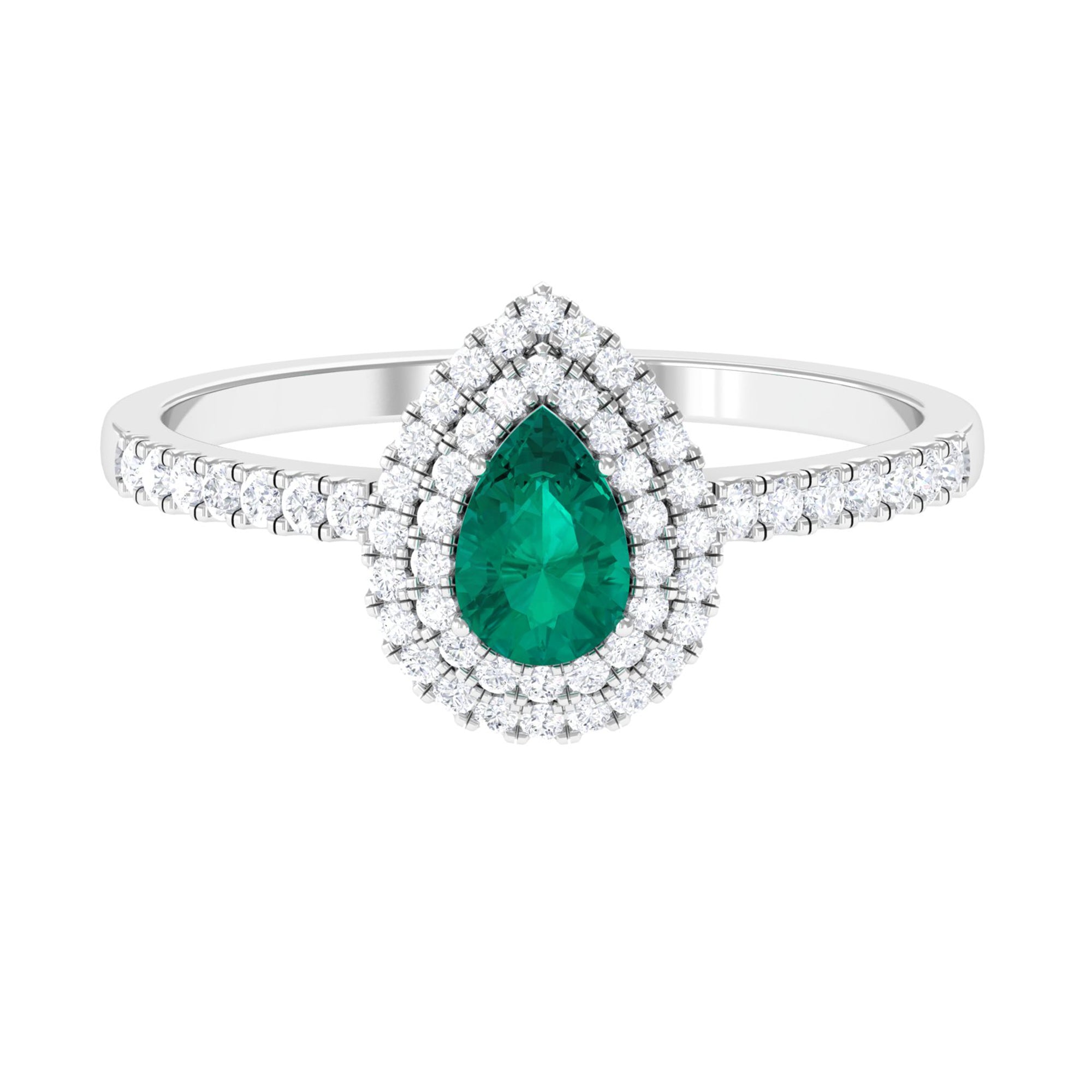 Pear Shape Emerald Engagement Ring with Diamond Double Halo Emerald - ( AAA ) - Quality - Rosec Jewels