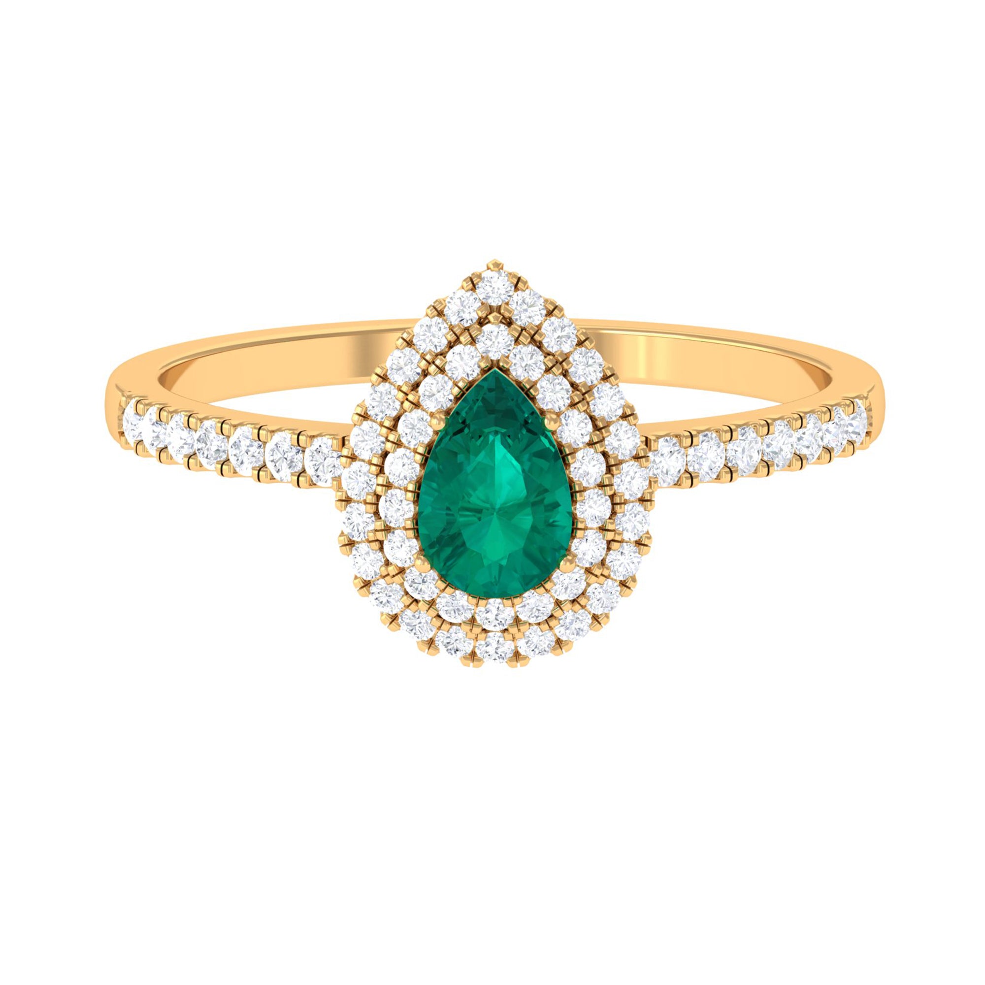 Pear Shape Emerald Engagement Ring with Diamond Double Halo Emerald - ( AAA ) - Quality - Rosec Jewels