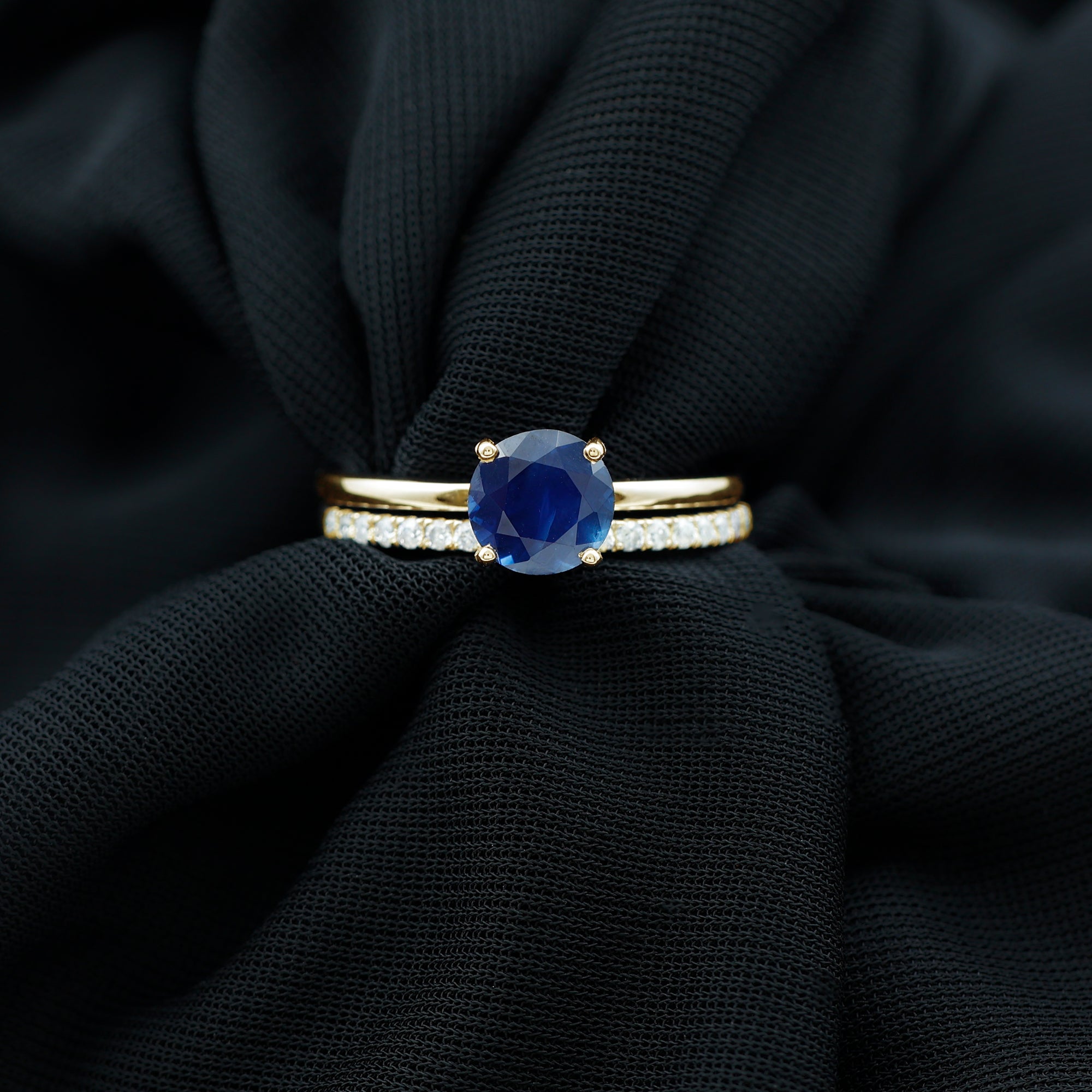 Created Blue Sapphire Solitaire Wedding Ring Set with Diamond Lab Created Blue Sapphire - ( AAAA ) - Quality - Rosec Jewels