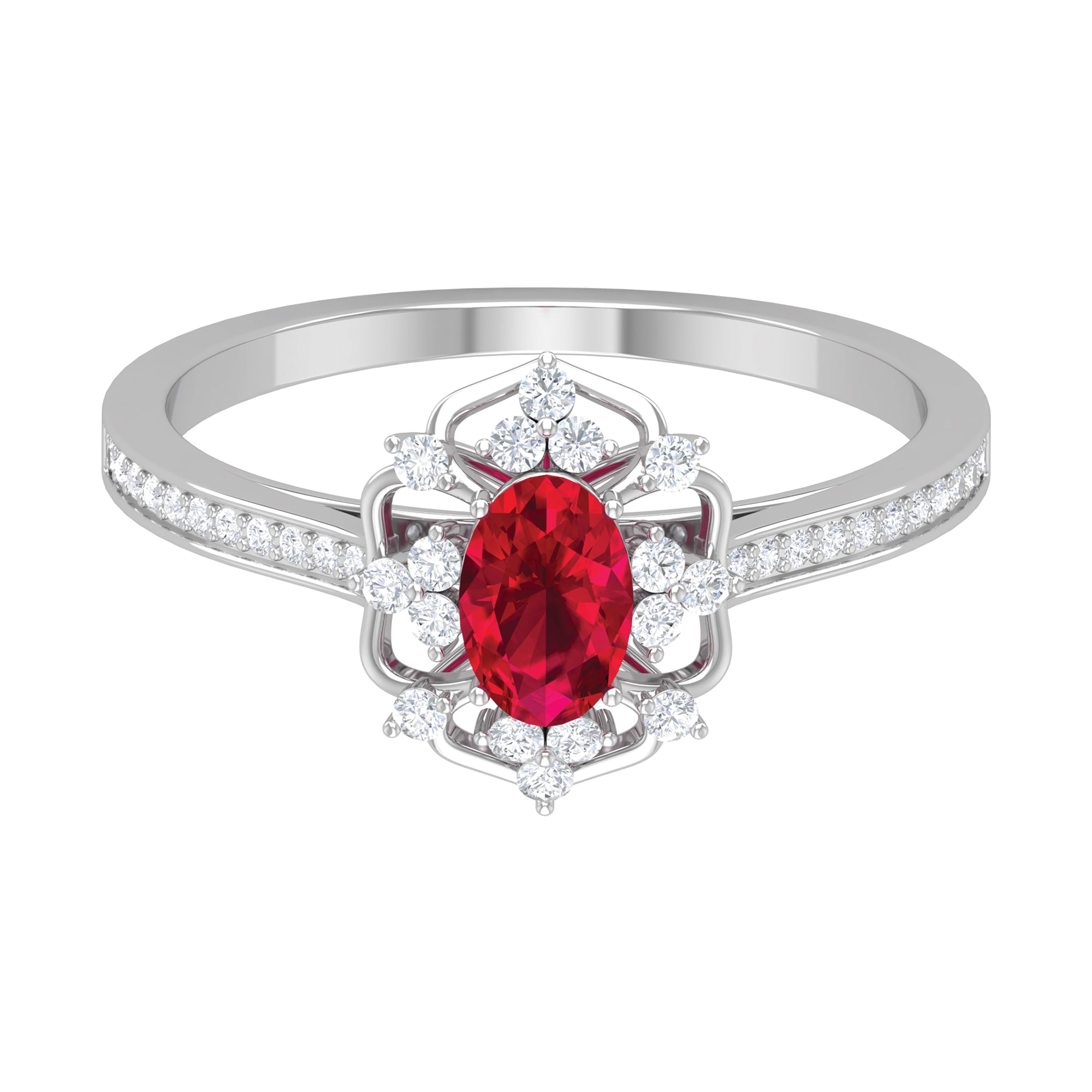 Flower Vintage Ruby Engagement Ring with Diamond Ruby - ( AAA ) - Quality - Rosec Jewels