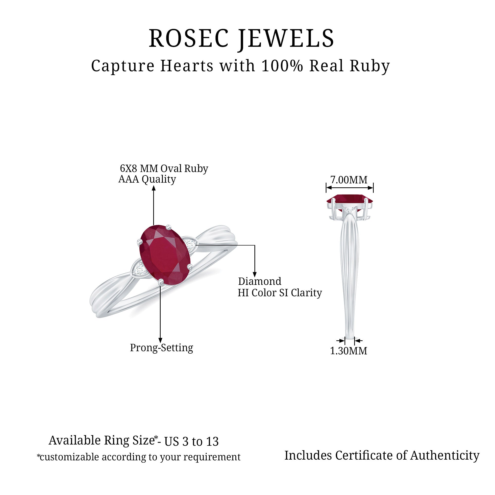 Oval Cut Real Ruby Solitaire Ring with Diamond Ruby - ( AAA ) - Quality - Rosec Jewels