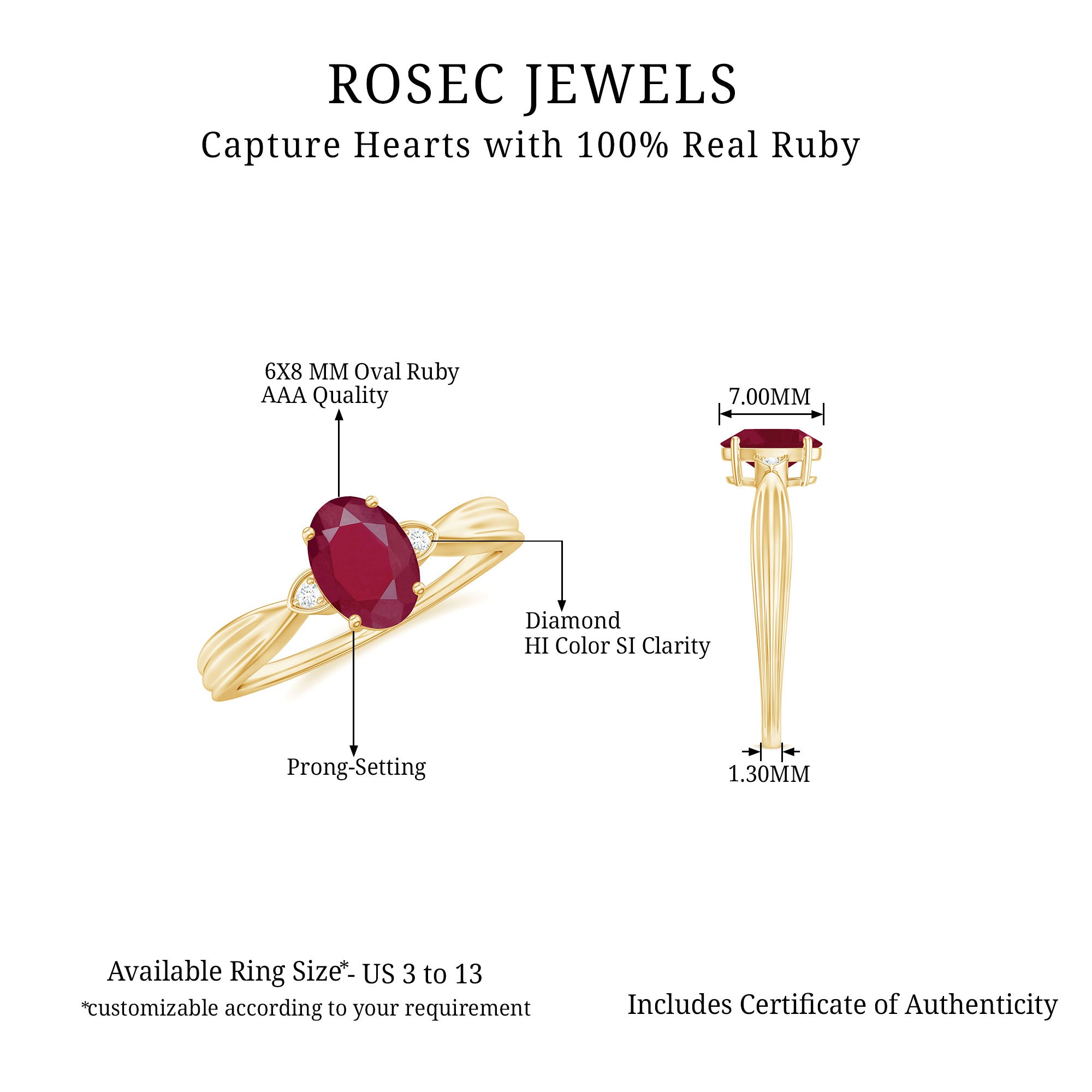 Oval Cut Real Ruby Solitaire Ring with Diamond Ruby - ( AAA ) - Quality - Rosec Jewels