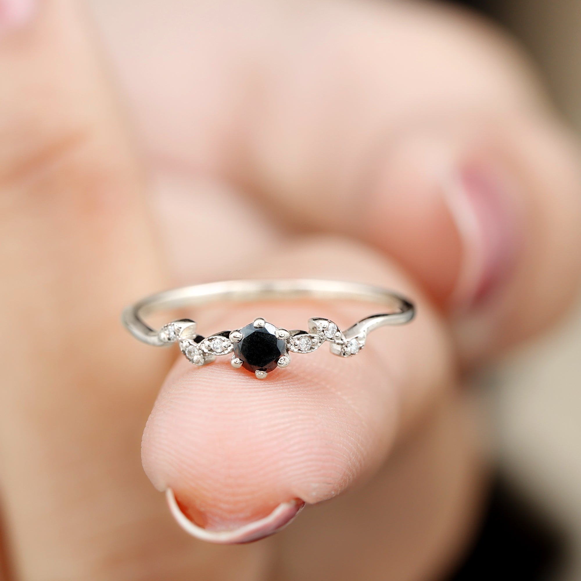 Round Black Spinel Minimal Leaf Promise Ring with Diamond in Gold Black Spinel - ( AAA ) - Quality - Rosec Jewels