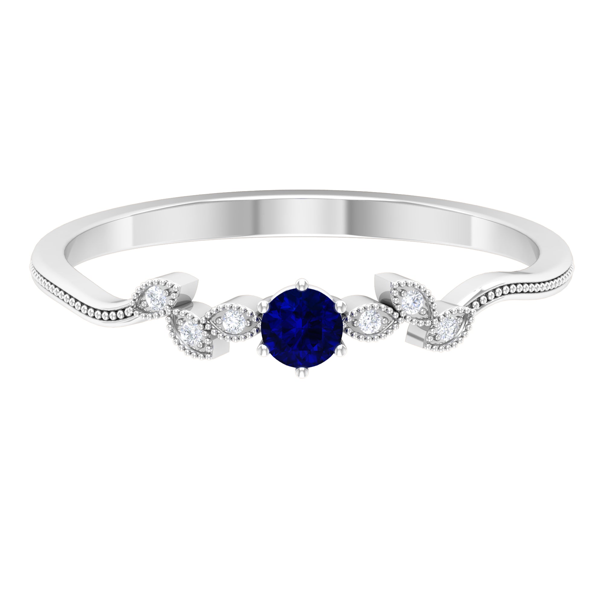 1/4 CT Blue Sapphire and Diamond Leaf Branch Promise Ring Blue Sapphire - ( AAA ) - Quality - Rosec Jewels