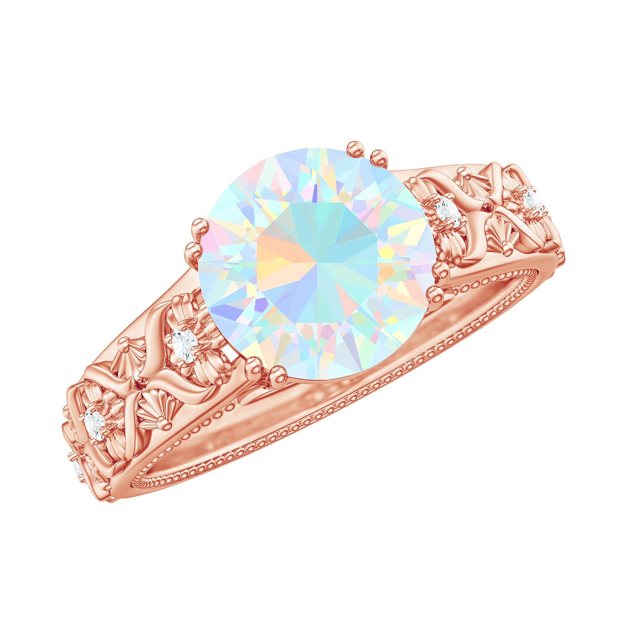 2 CT Vintage Style Solitaire Ethiopian Opal Flower Ring with Diamond Ethiopian Opal - ( AAA ) - Quality - Rosec Jewels