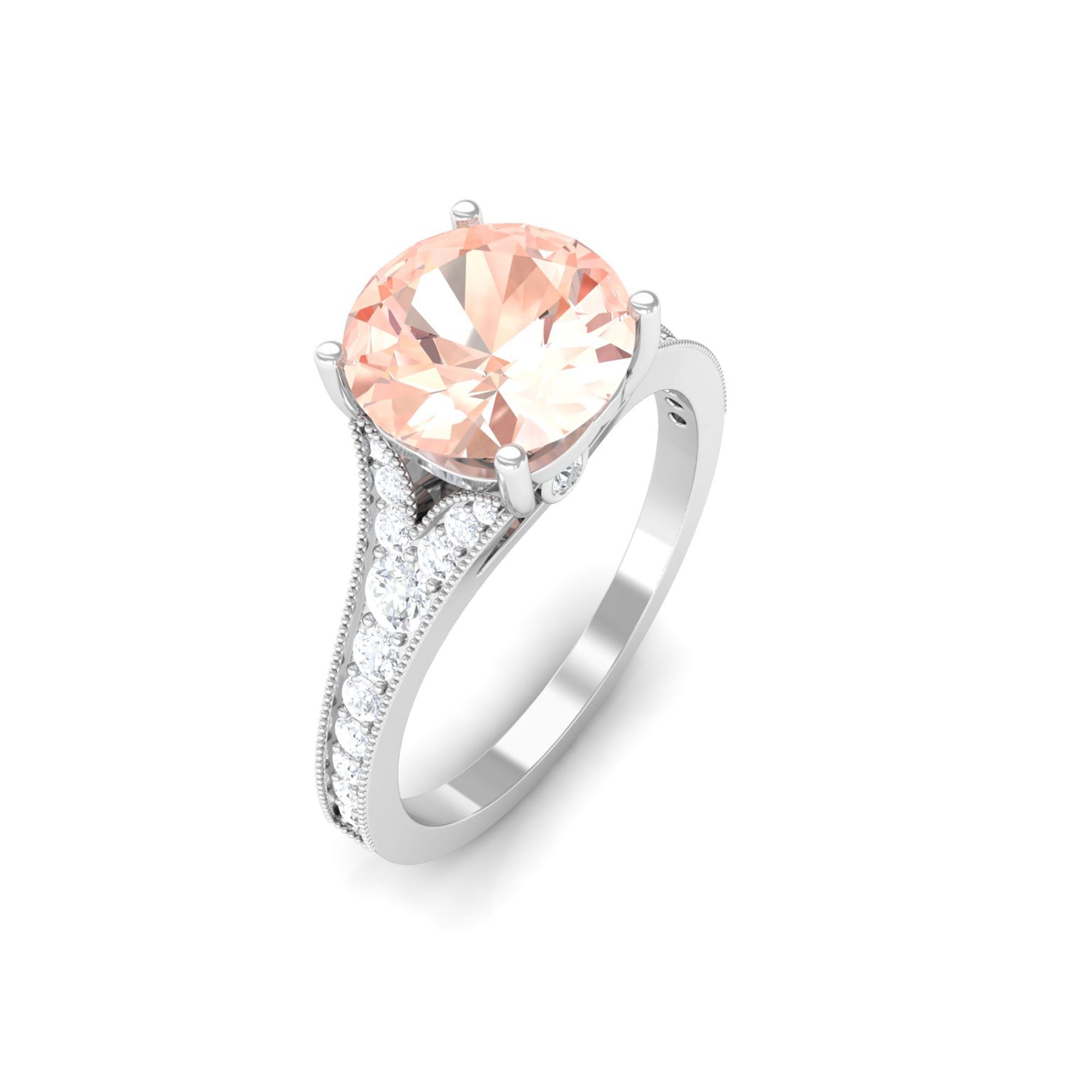 3 CT Round Shape Morganite and Diamond Side Stone Engagement Ring Morganite - ( AAA ) - Quality - Rosec Jewels