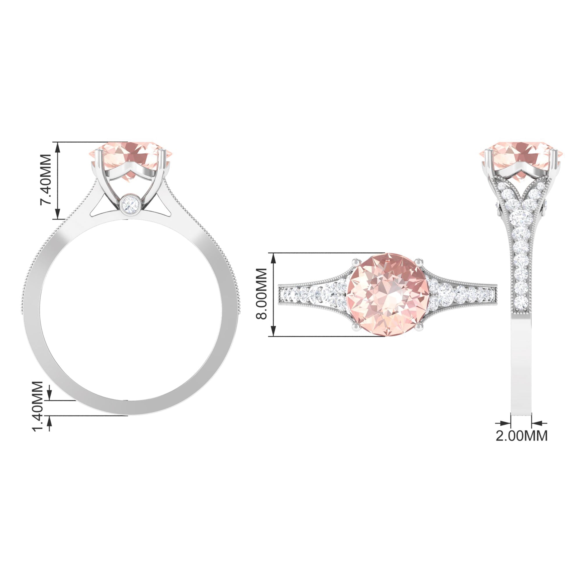 3 CT Round Shape Morganite and Diamond Side Stone Engagement Ring Morganite - ( AAA ) - Quality - Rosec Jewels