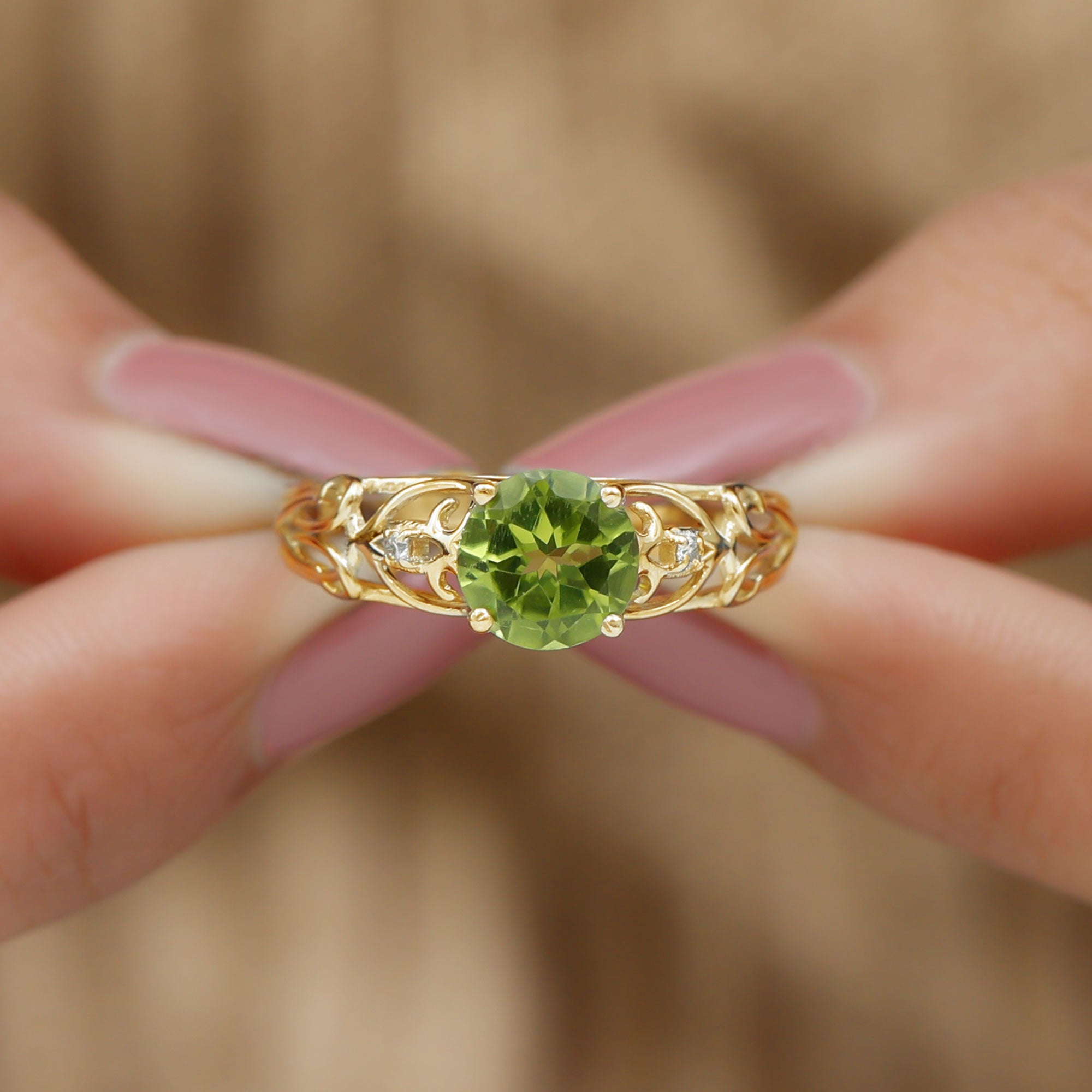 1.25 CT Antique Peridot Solitaire Ring with Diamond Accent Peridot - ( AAA ) - Quality - Rosec Jewels