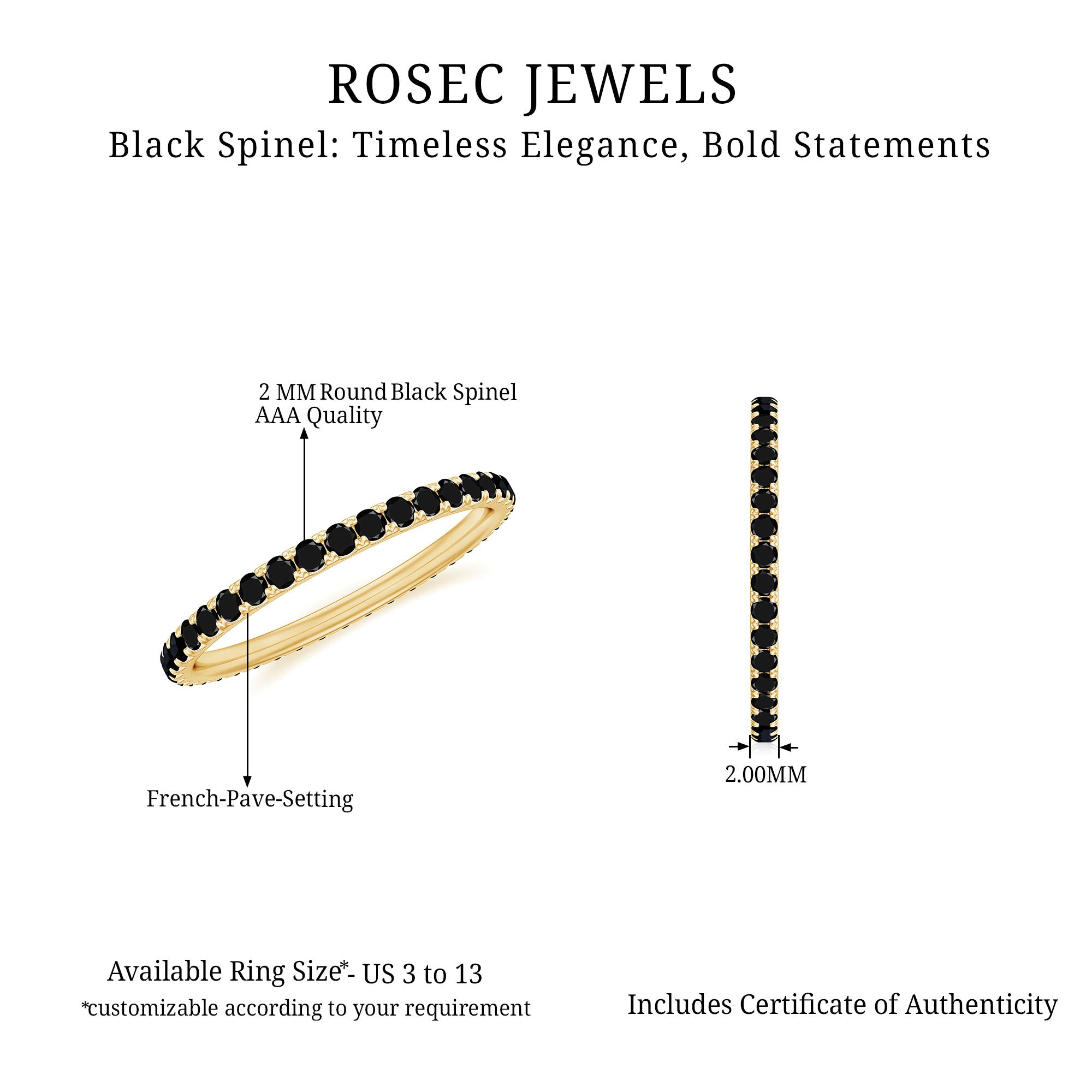 French Pave Set Black Spinel Stackable Full Eternity Ring Black Spinel - ( AAA ) - Quality - Rosec Jewels