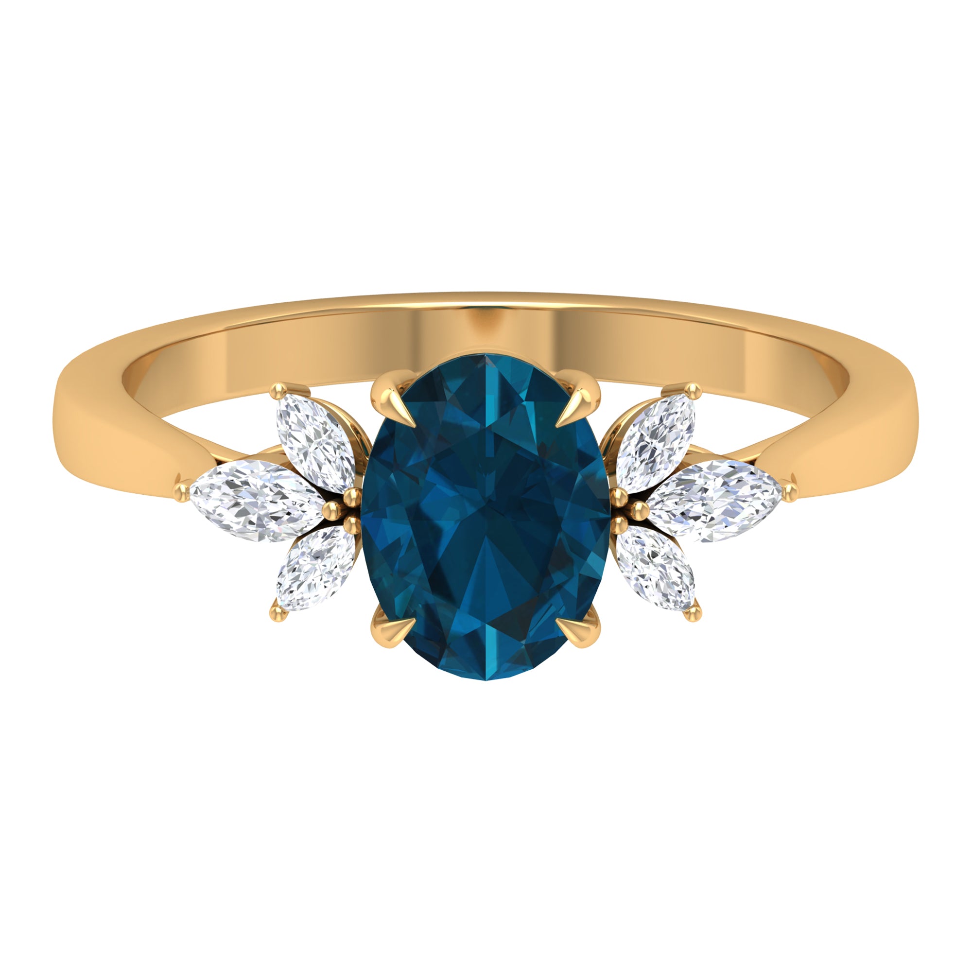 Claw Set London Blue Topaz Solitaire Ring with Marquise Diamond Trio London Blue Topaz - ( AAA ) - Quality - Rosec Jewels