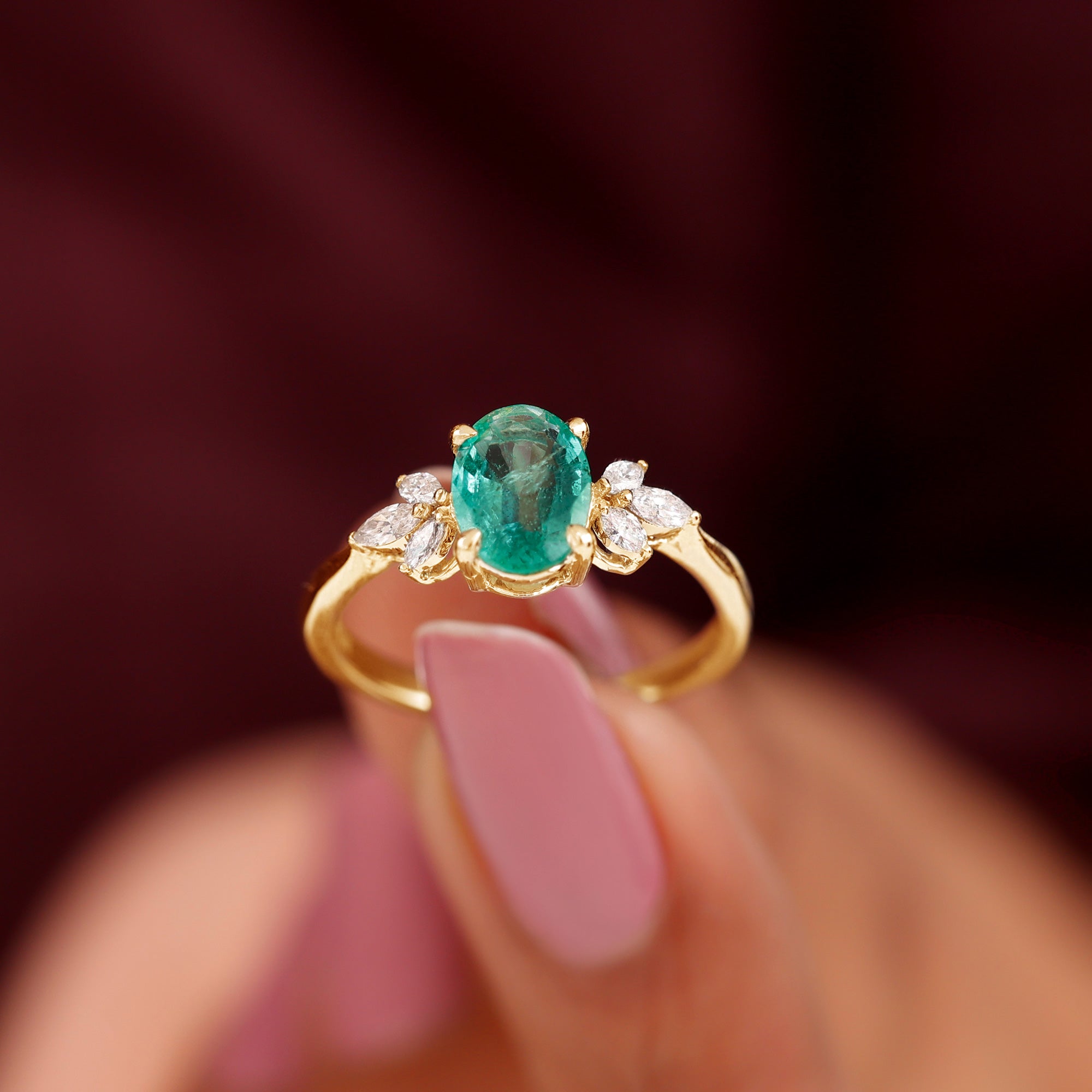 1.50 CT Claw Set Oval shape Emerald Solitaire and Marquise Diamond Trio Ring Emerald - ( AAA ) - Quality - Rosec Jewels