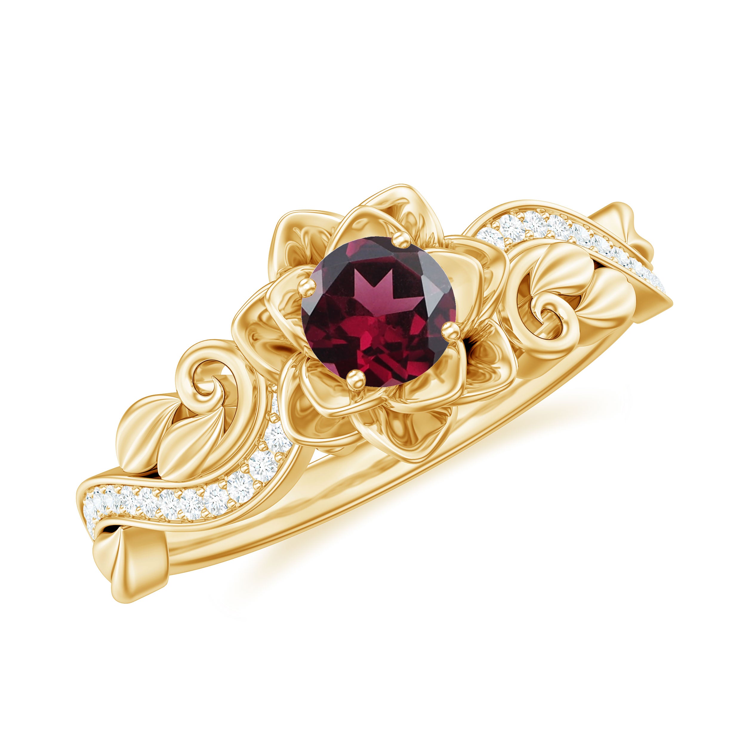 Flower Inspired Rhodolite and Diamond Engagement Ring Rhodolite - ( AAA ) - Quality - Rosec Jewels