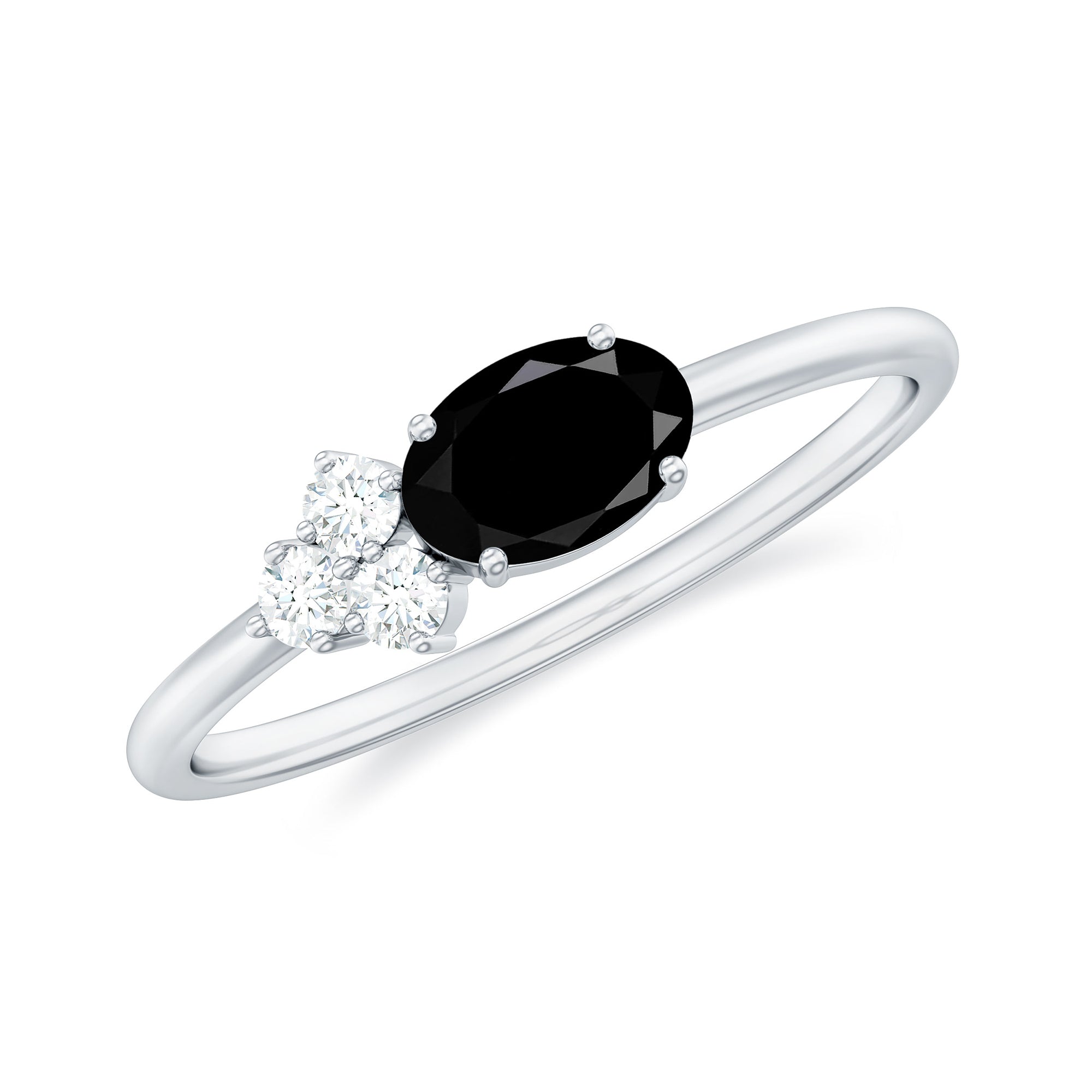 Oval Cut Created Black Diamond Minimal Ring with Diamond Trio Lab Created Black Diamond - ( AAAA ) - Quality - Rosec Jewels