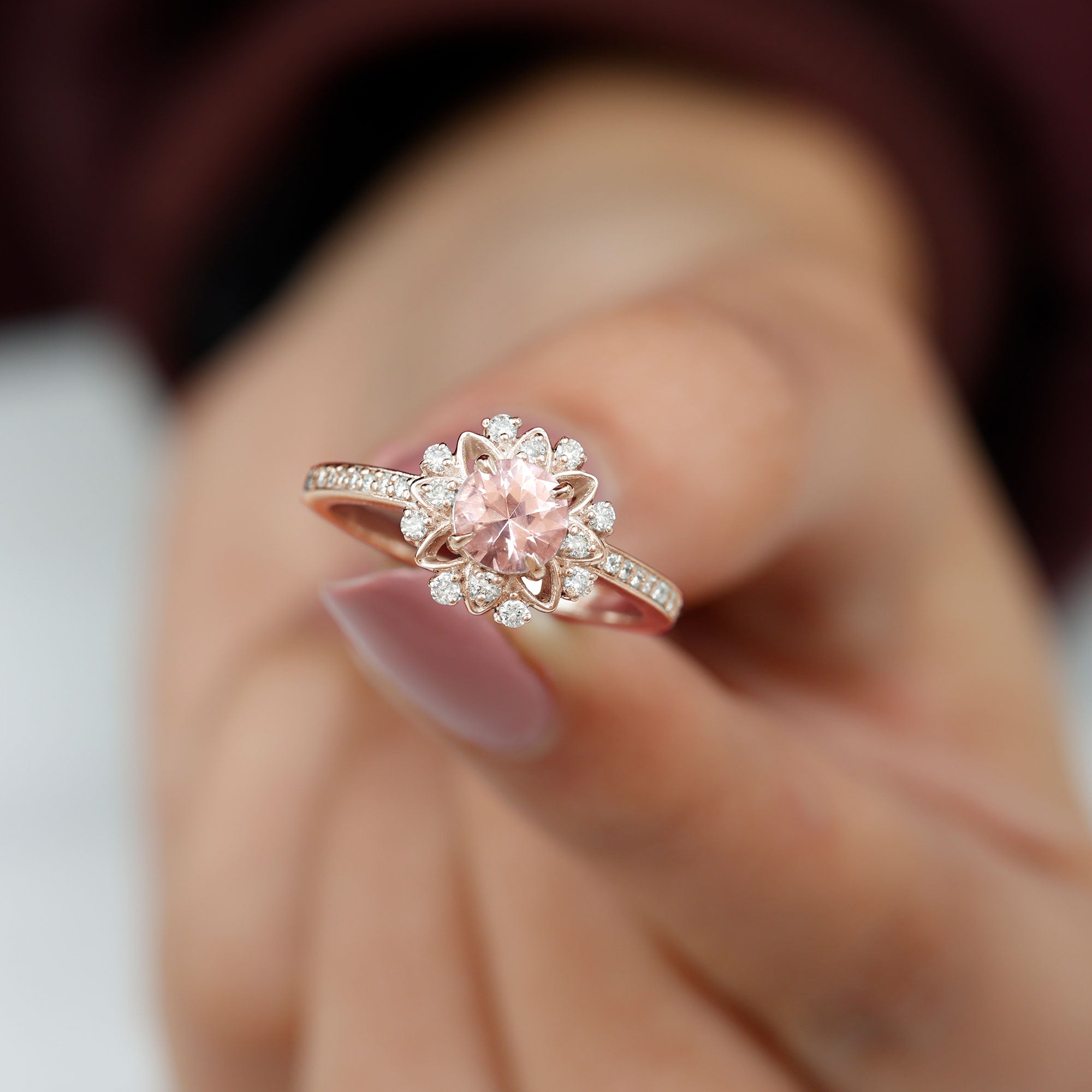 Round Morganite and Diamond Flower Engagement Ring Morganite - ( AAA ) - Quality - Rosec Jewels