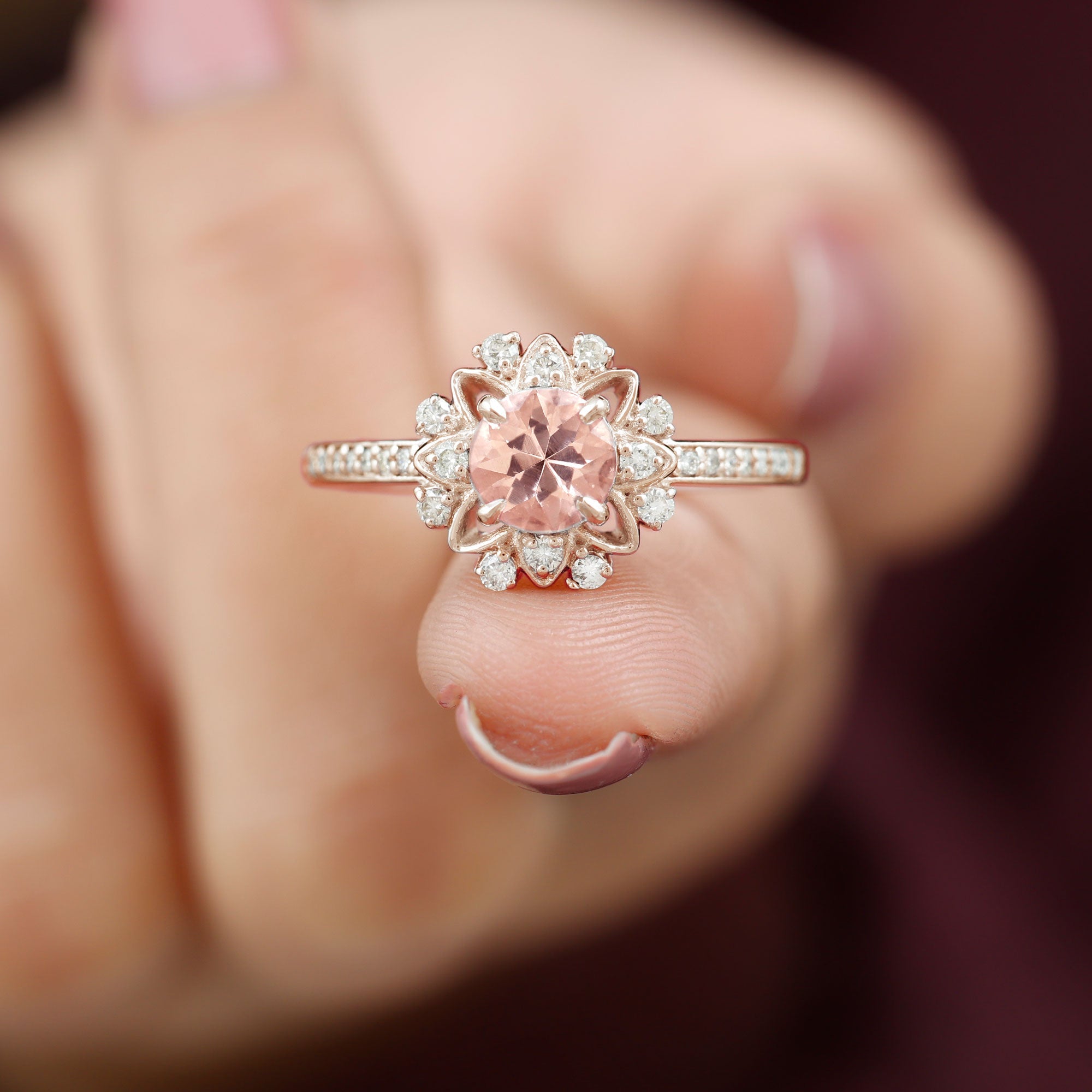 Round Morganite and Diamond Flower Engagement Ring Morganite - ( AAA ) - Quality - Rosec Jewels